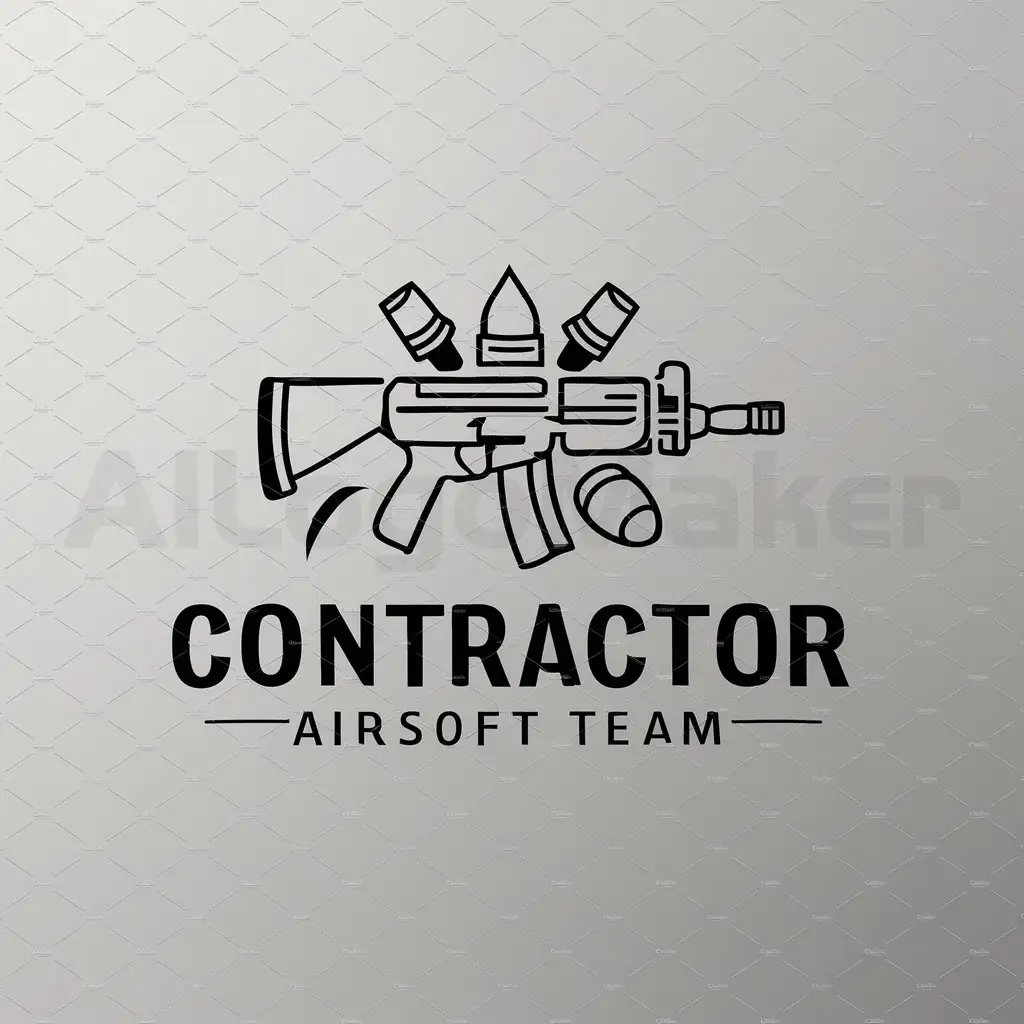 a logo design,with the text "CONTRACTOR AIRSOFT TEAM", main symbol:an airsoft gun surrounded by ammunition,complex,be used in Sports Fitness industry,clear background