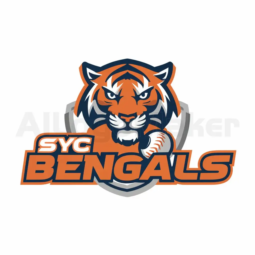 a logo design,with the text "SYC Bengals", main symbol:SYC Bengals, softball, Orange, navy blue, gray, white, tiger stripes,Minimalistic,clear background