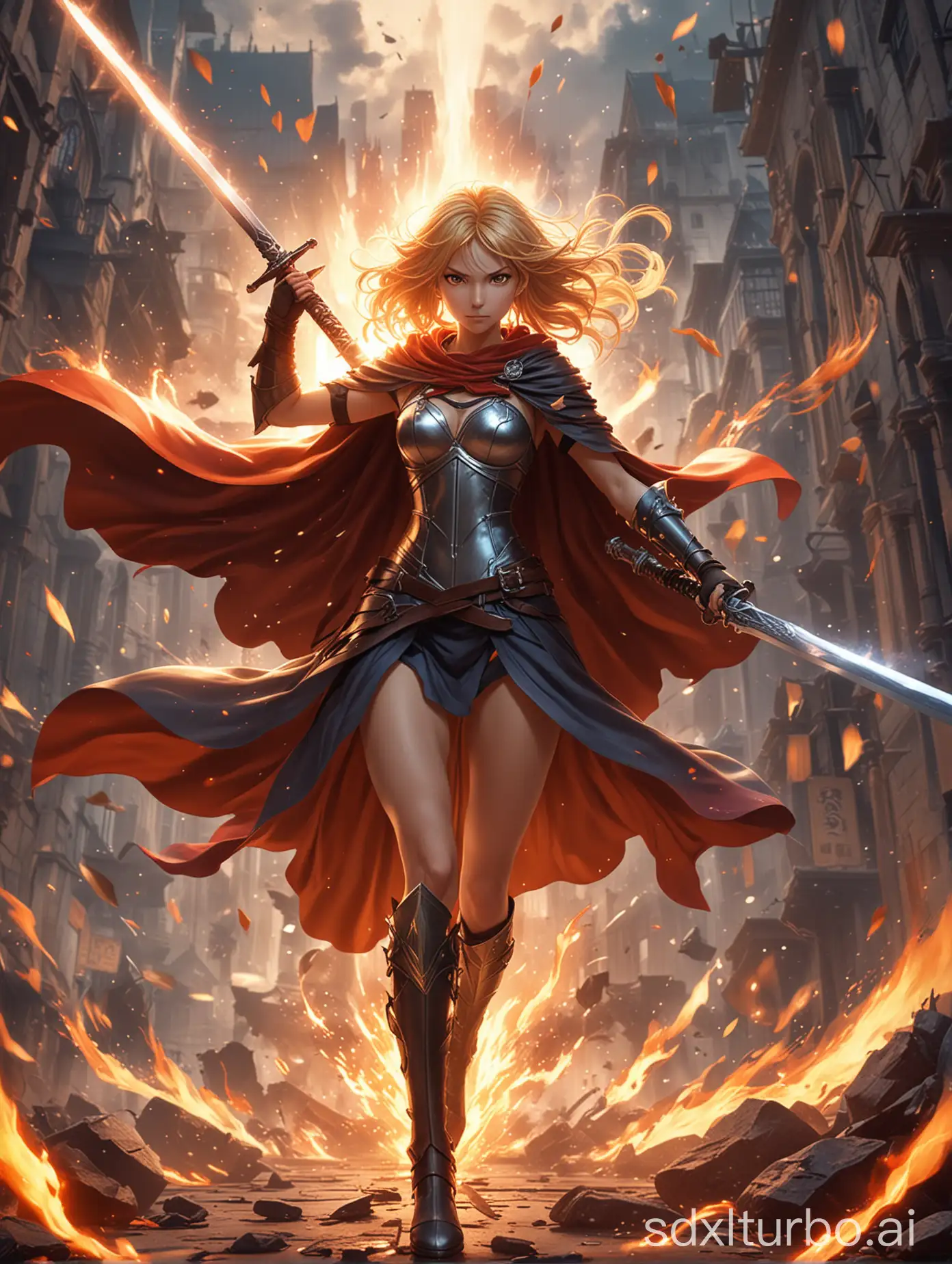 Create a battle action game style poster featuring a dynamic full-body rendered anime girl wielding a massive sword, her hair and cape flowing dramatically as she leaps through the air with flames raging in the background.