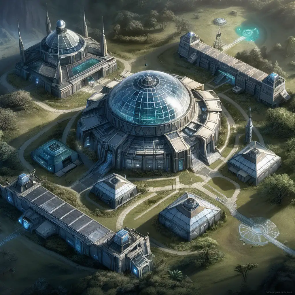Aerial View of Elysium Prime Colonial Base in Majestic Alien Landscape
