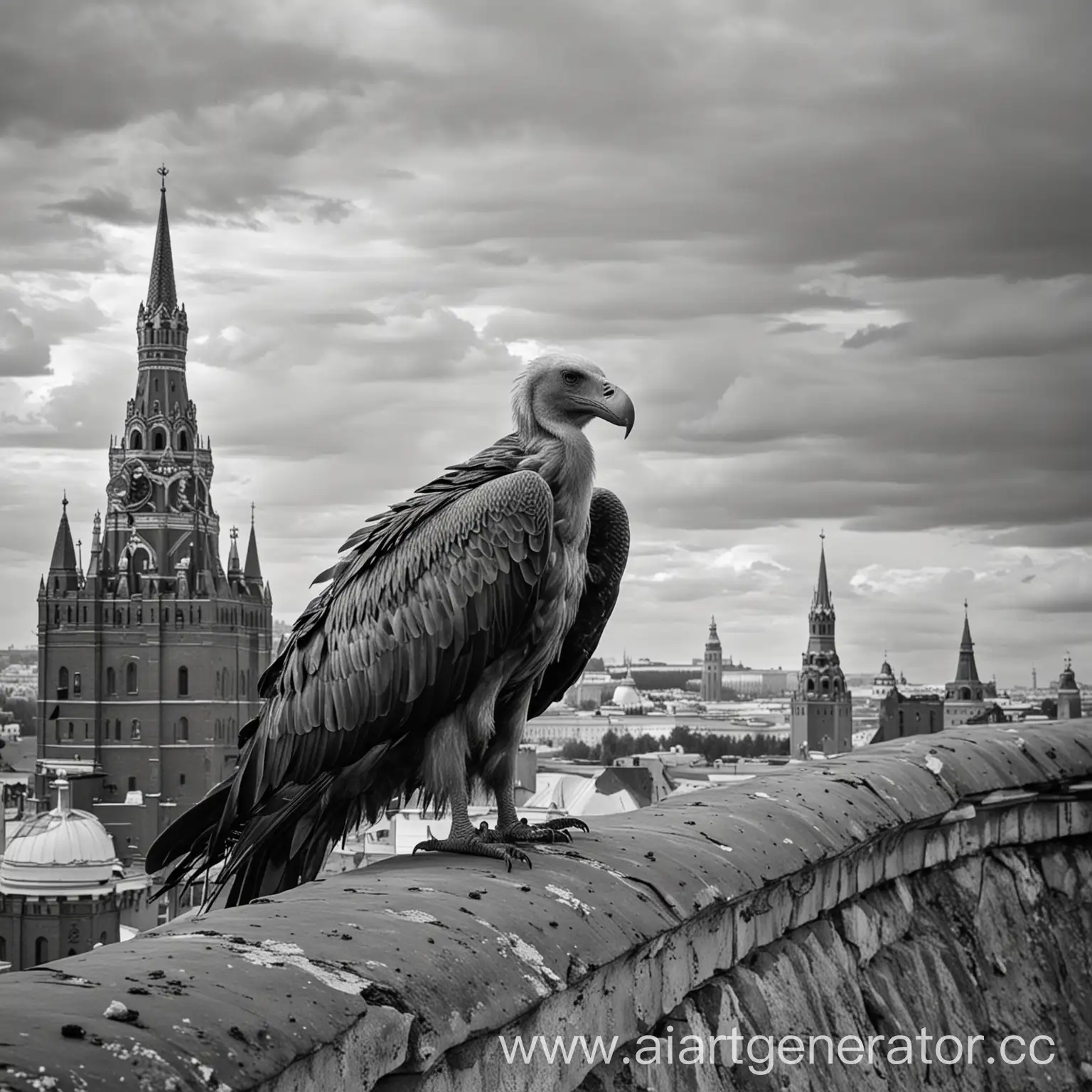 Vulture-Perched-on-the-Kremlin-Roof-in-Monochrome
