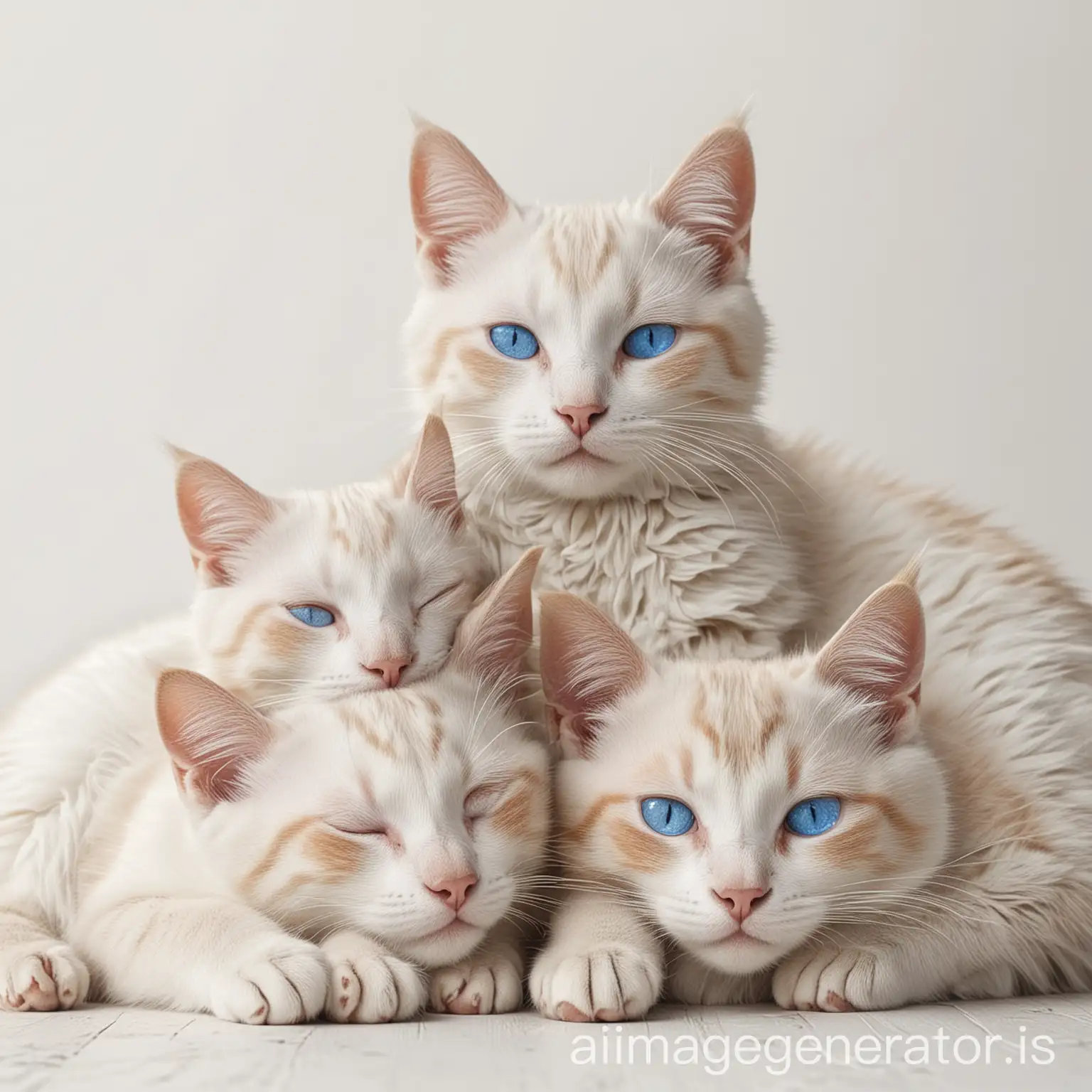 create a full  image of normal size cute  cats with blue eyes sleeping  against a white wall.The image should be very realistic and more rendering. 