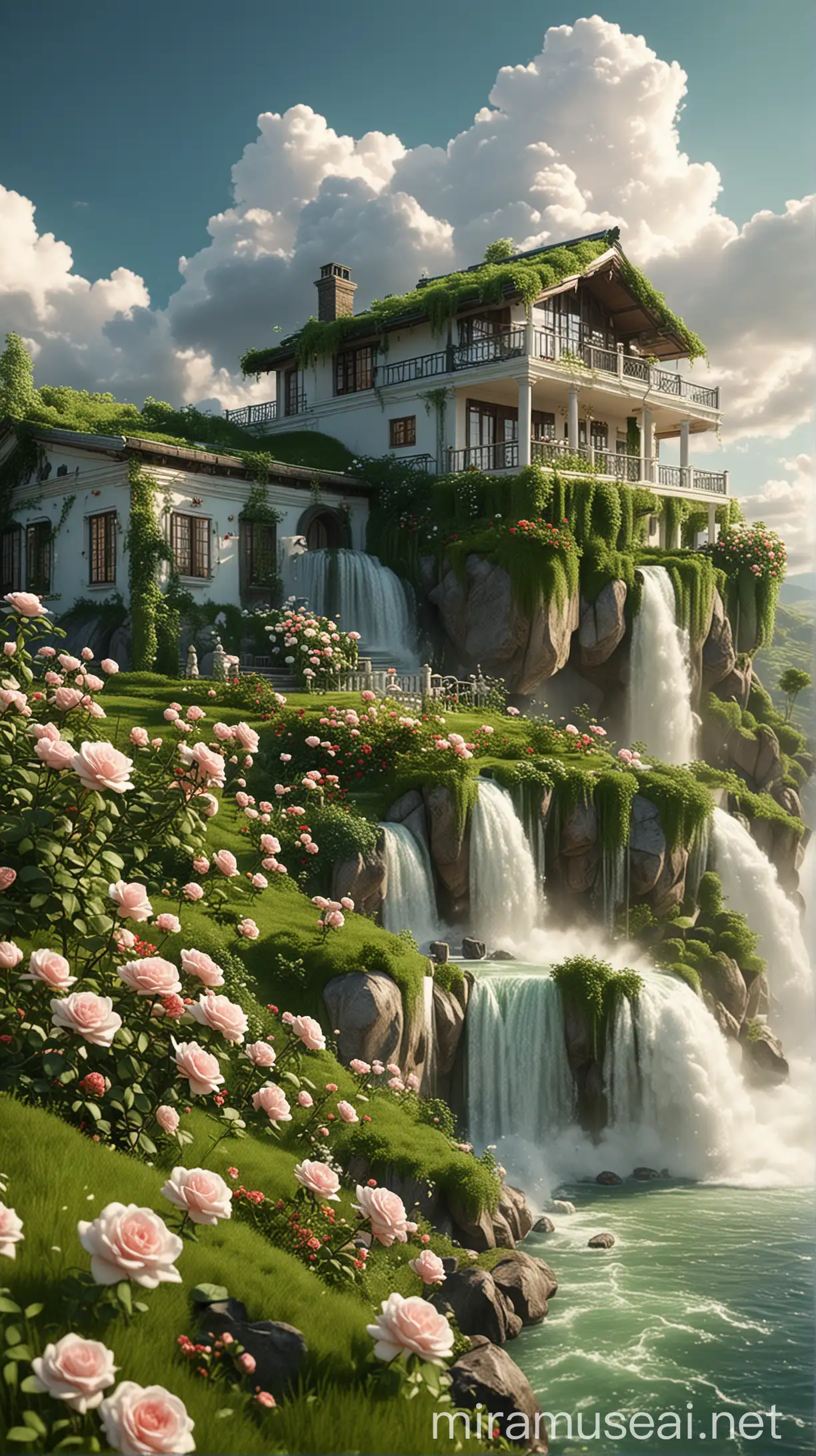 Realistic CG Rendering of Juck Zhang with Green Villa Rose Waterfall and Cotton Clouds