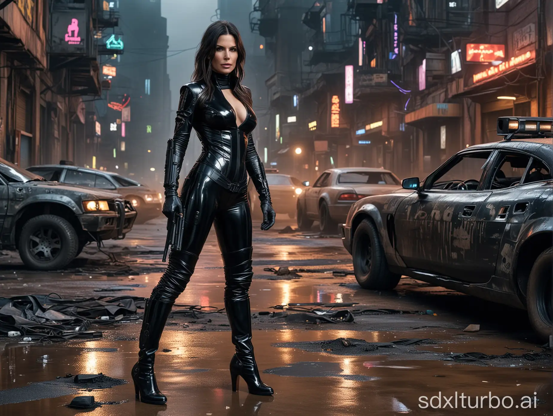 realistic hd photo , cyberpunk police Sandra Bullock standing , wearing black low-cut shinny pvc catsuit , wearing long shiny pvc gloves , wearing shinny pvc thigh high boots , in destroyed cyberpunk city with mad max car , inlighted by neons
