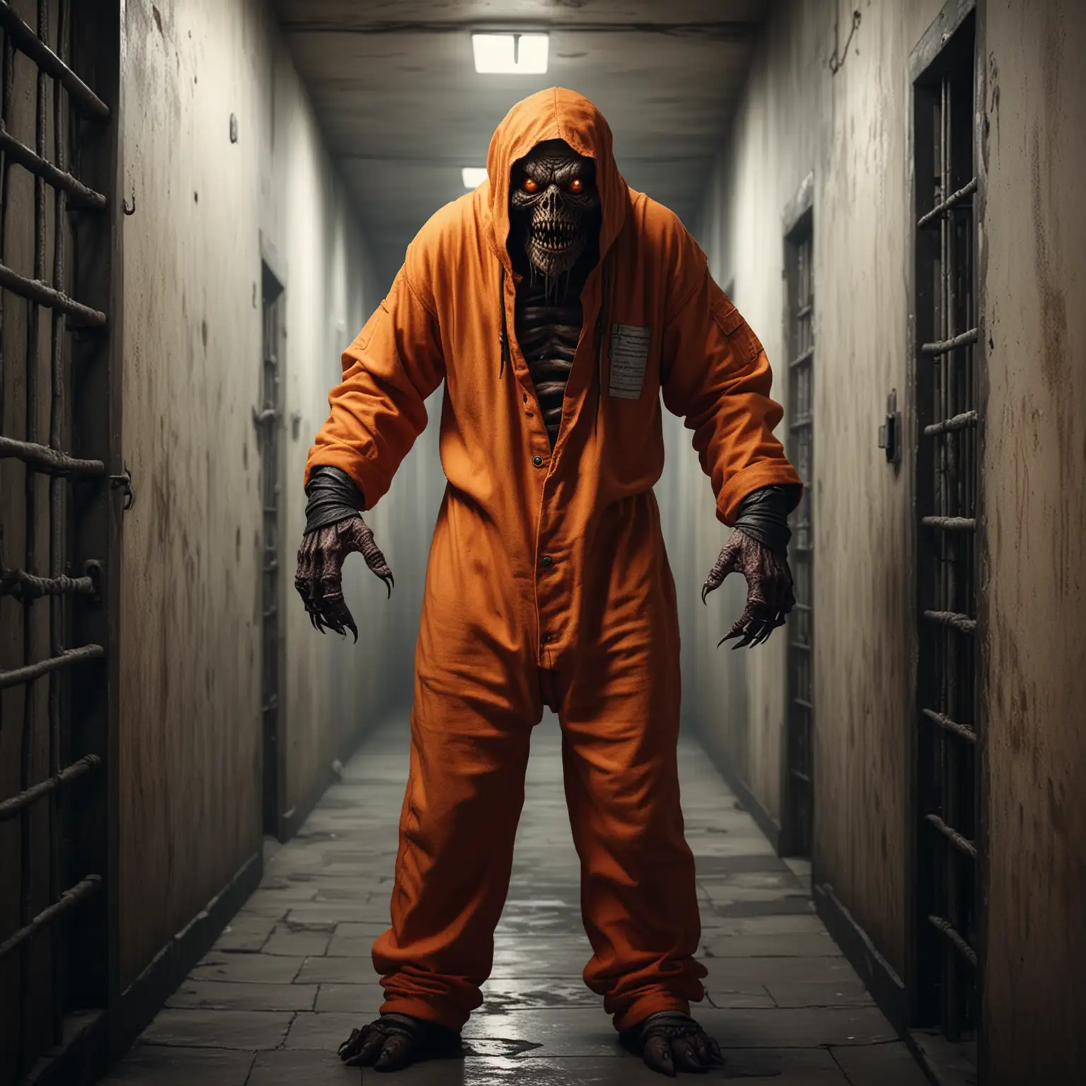 Terrifying Monster Creature in Orange Prisoner Clothes Stands in Prison Corridor