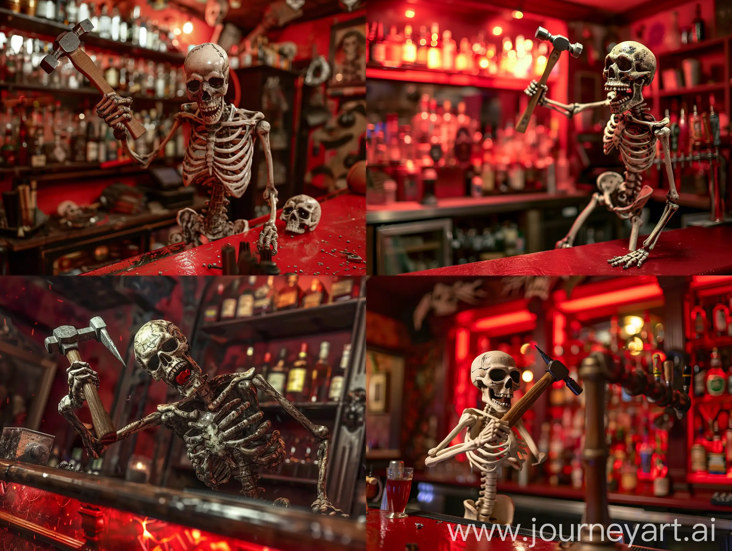 яростный скелет строитель с кувалдой в красном адском баре