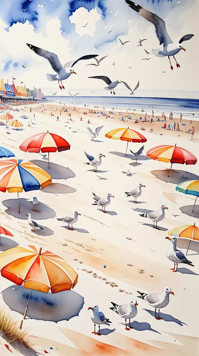 enticing watercolor beach scene with seagulls and beach umbrellas in the sand in the summer, reminiscent of Coney Island