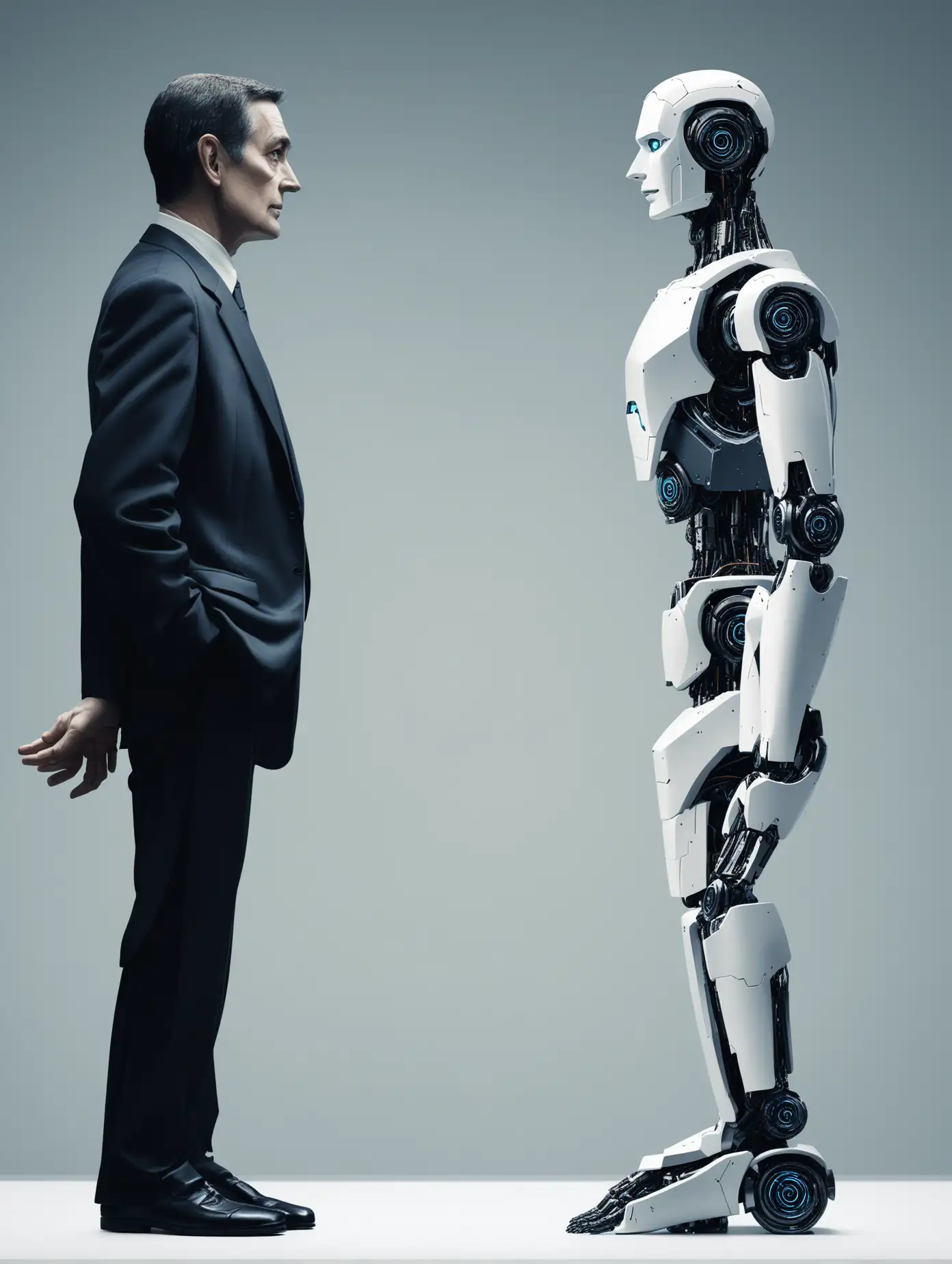 A man figure with two faces, one human looking to the left and the other of a robot looking to the right