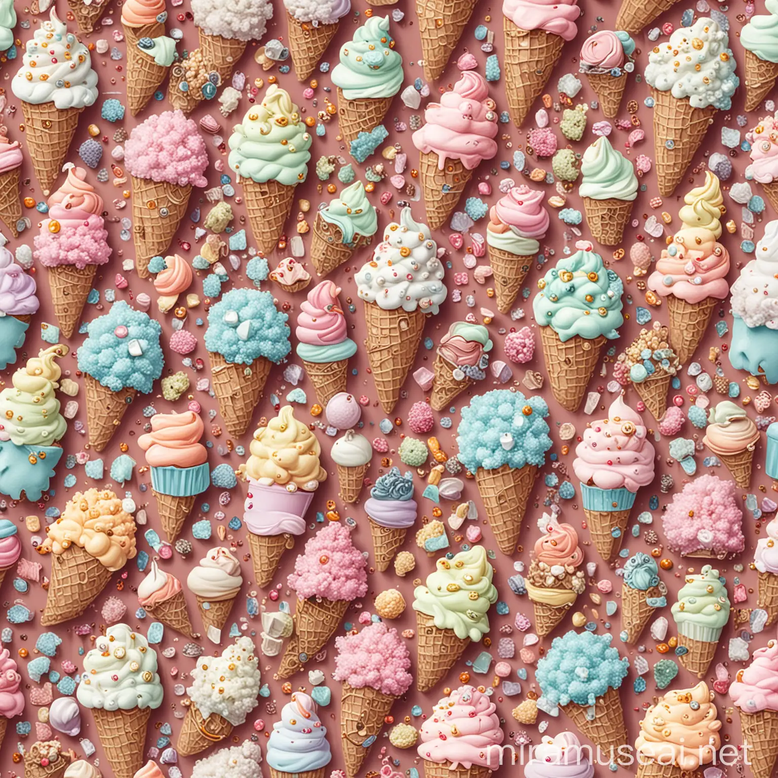 Create a seamless pattern featuring an elegant and whimsical mix of engagement rings, ice cream, and popcorn. Include beautifully detailed engagement rings with sparkling diamonds set in intricate designs, paired with stylized ice cream cones with swirls of creamy gelato topped with colorful sprinkles, and cozy, fluffy popcorn clusters. Opt for a sophisticated yet playful illustration style, blending luxury and fun. Use a color palette that combines soft pastels with bright accents to highlight the engagement rings. The design should repeat seamlessly, making it ideal for bridal shower decorations, unique wedding invitations, or quirky textile designs.