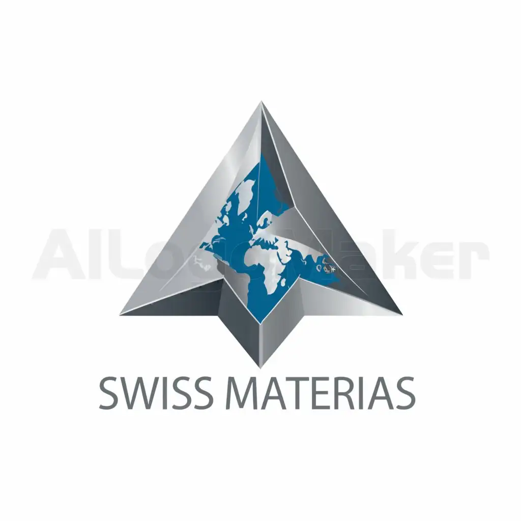 a logo design,with the text "Swiss materials", main symbol:The blue color map of Europe and Africa and Asia inside silver color pyramid
And,Minimalistic,be used in Internet industry,clear background