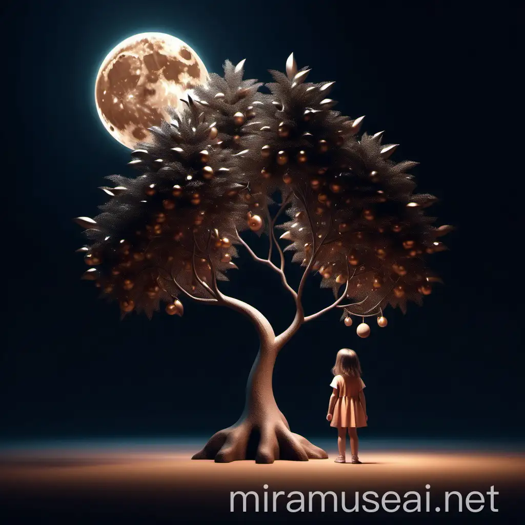 Minimal Realistic Illustration Little Girl Beside Shimmering Bonza Tree Under Glittering Moonlight