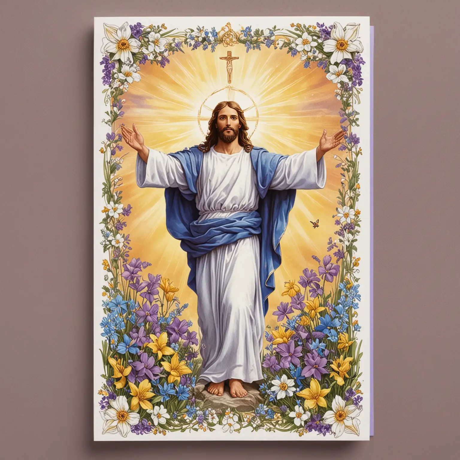 Card size 11.5 x 17 cm.   nPicture of  Risen Christ with outstretched arms- catholic design in the centre.nBackground with Easter flowers, purple, blue, yellow, white.  Wording at top of card Easter Blessings