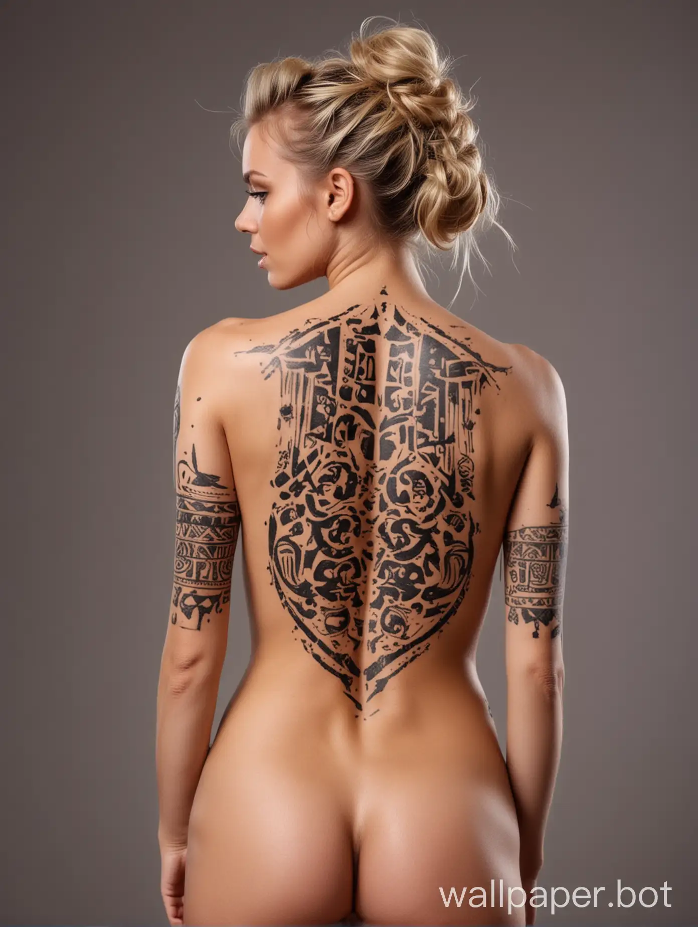 Captivating back view portrait of blonde woman naked her body covered with tribal tattoos, messy bun hairstyle, shy pose