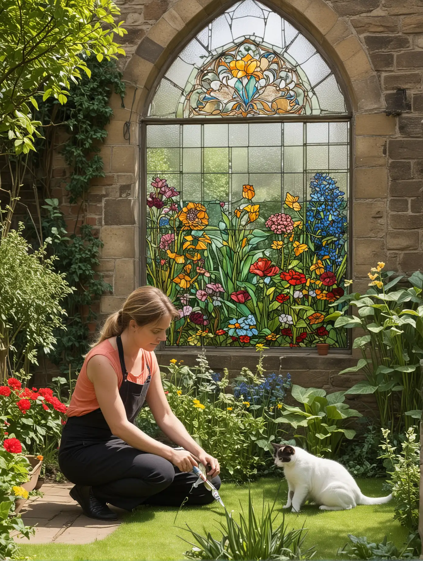 Woman Gardening with Pet Cat by Stained Glass Window