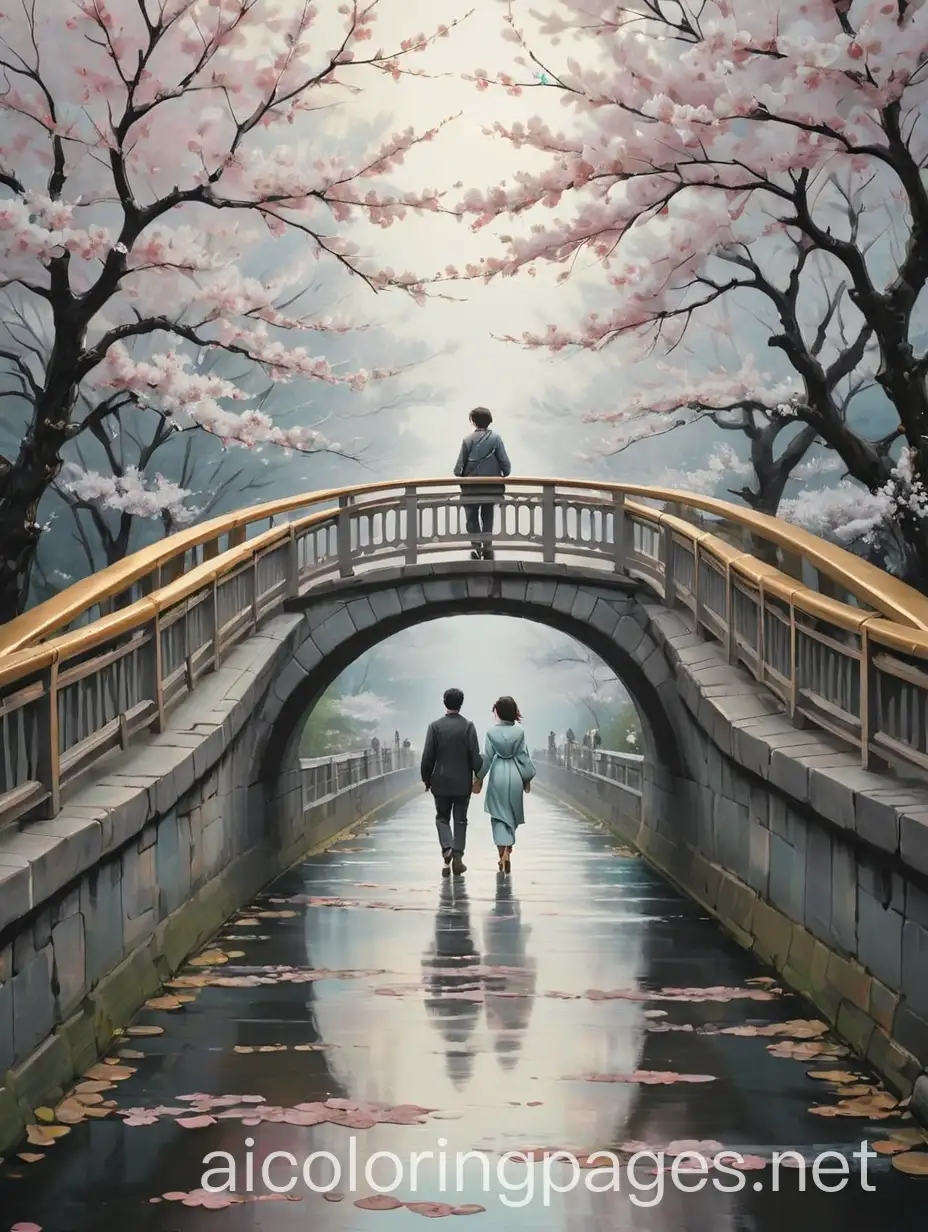 🔥 PROMPT: Two people walk the bridge under a large cherry blossom, in the style of atmospheric paintings, gray and aquamarine, airbrush art, dark white and gold gray, lovely.
, Coloring Page, black and white, line art, white background, Simplicity, Ample White Space. The background of the coloring page is plain white to make it easy for young children to color within the lines. The outlines of all the subjects are easy to distinguish, making it simple for kids to color without too much difficulty