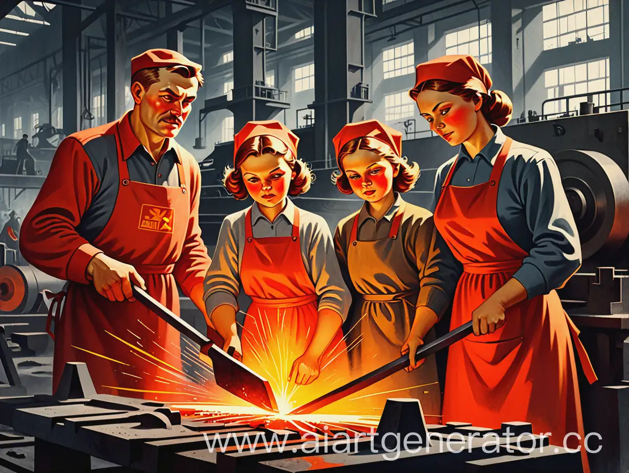 A Soviet family forging steel in a factory. Socialist realism style. Red, orange, yellow, gray colors. Soviet poster font. The text ‘The Family is the Forge of the Motherland!