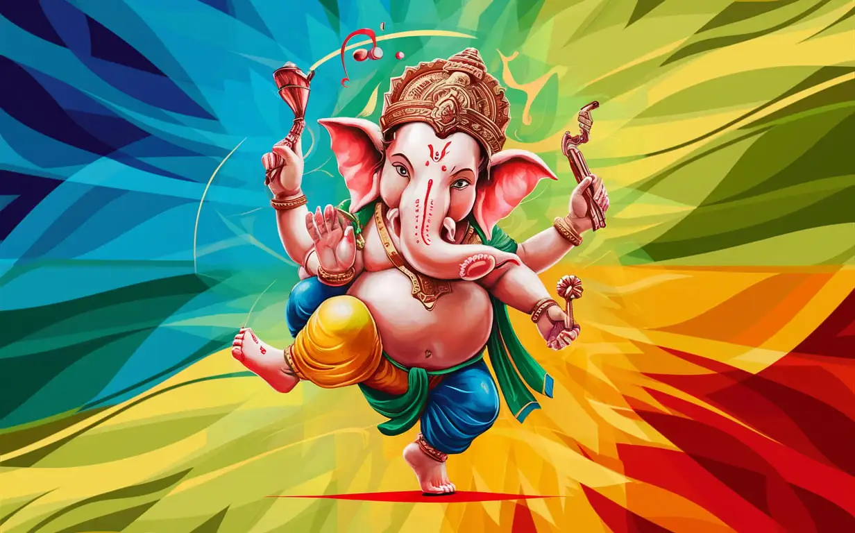 Abstract Art Dancing Cute Bal Ganesha with Multicolor Background