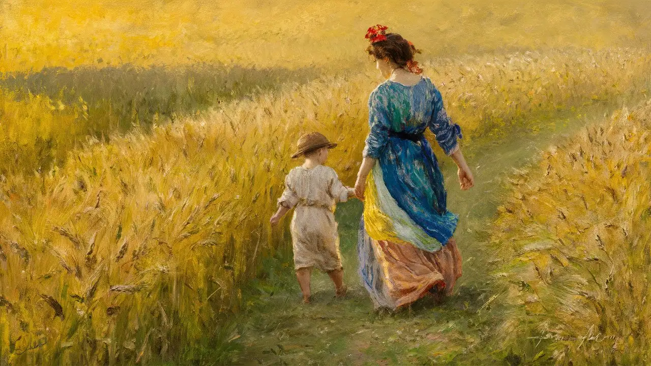 Painting of a wheat field and colorfully-dressed woman and child, in the style of Claude Monet.