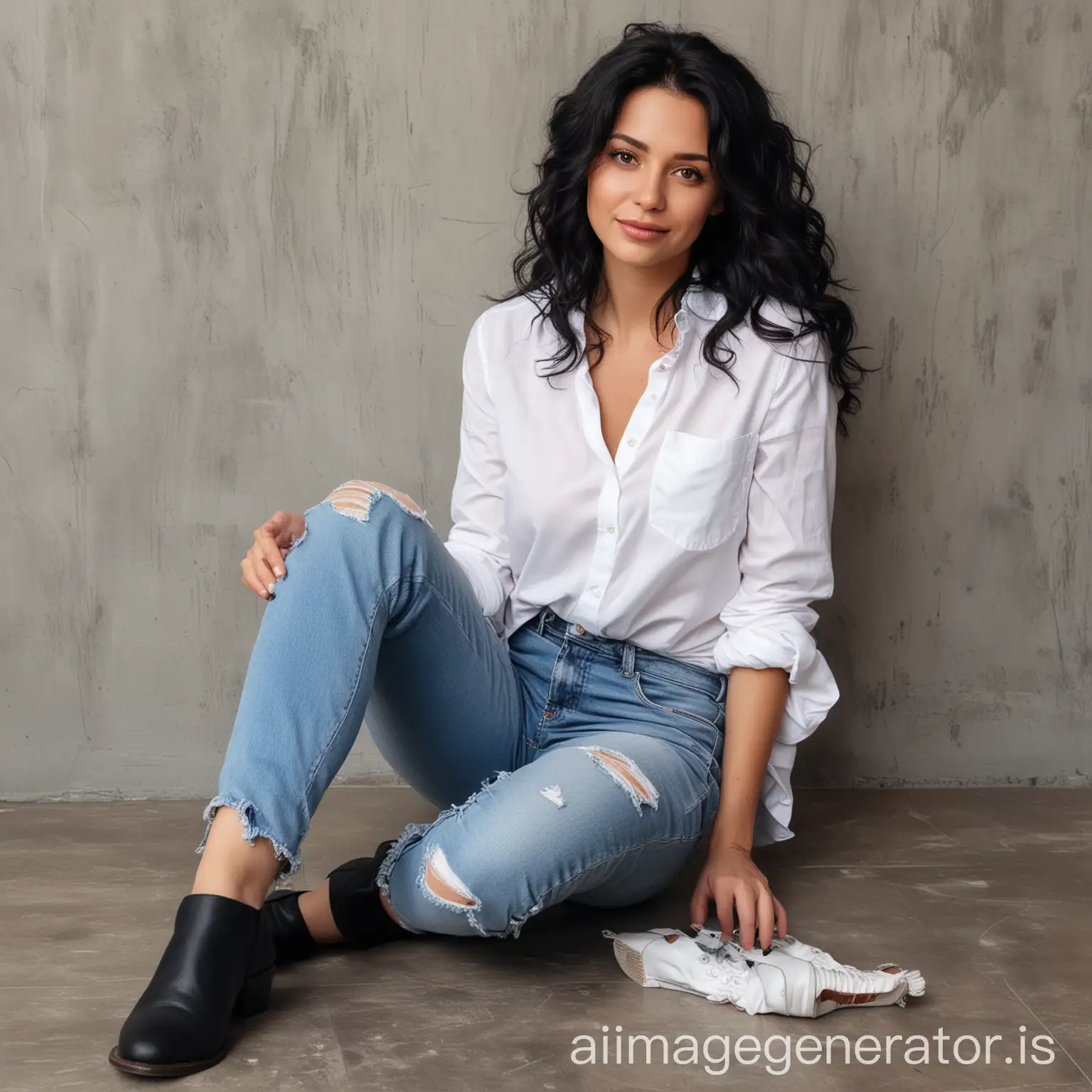 35 years old woman. Black wavy hair. Sitting Wearing white shirt and blue ripped jeans. Relistic picture