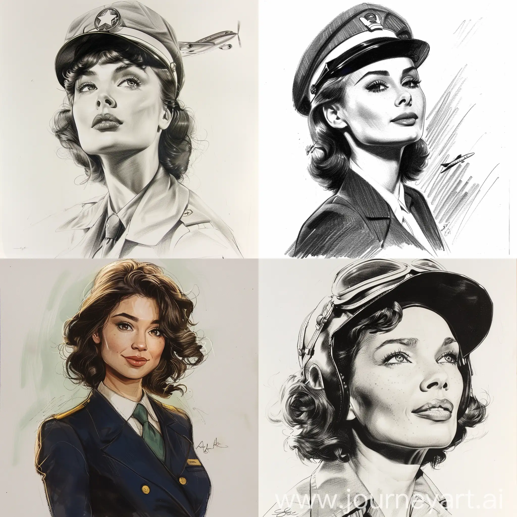 Elegant-Stewardess-Portrait-in-Classic-Drawing-Style