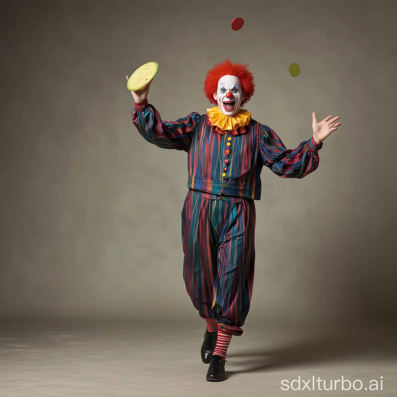 a clown juggles with frisbee, knife, cucumber