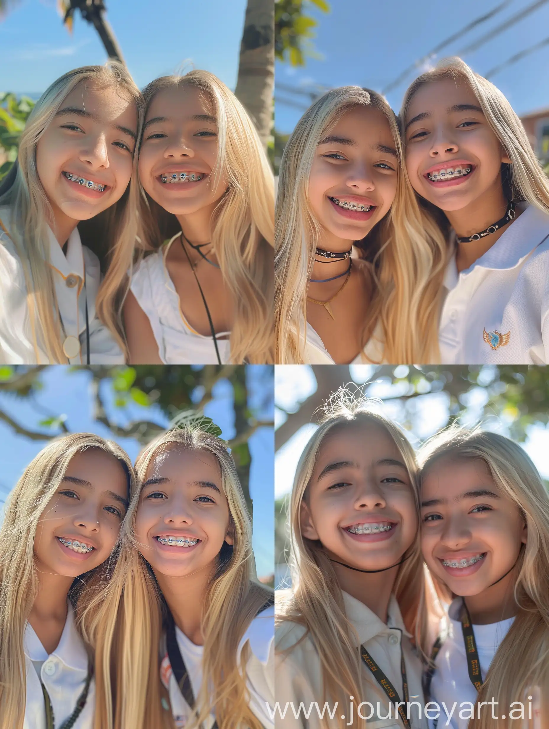 2 brazilian  girls, 19 years old, blonde hair, sunny day, , makeup, beauty, short clothes, dental braces, full body