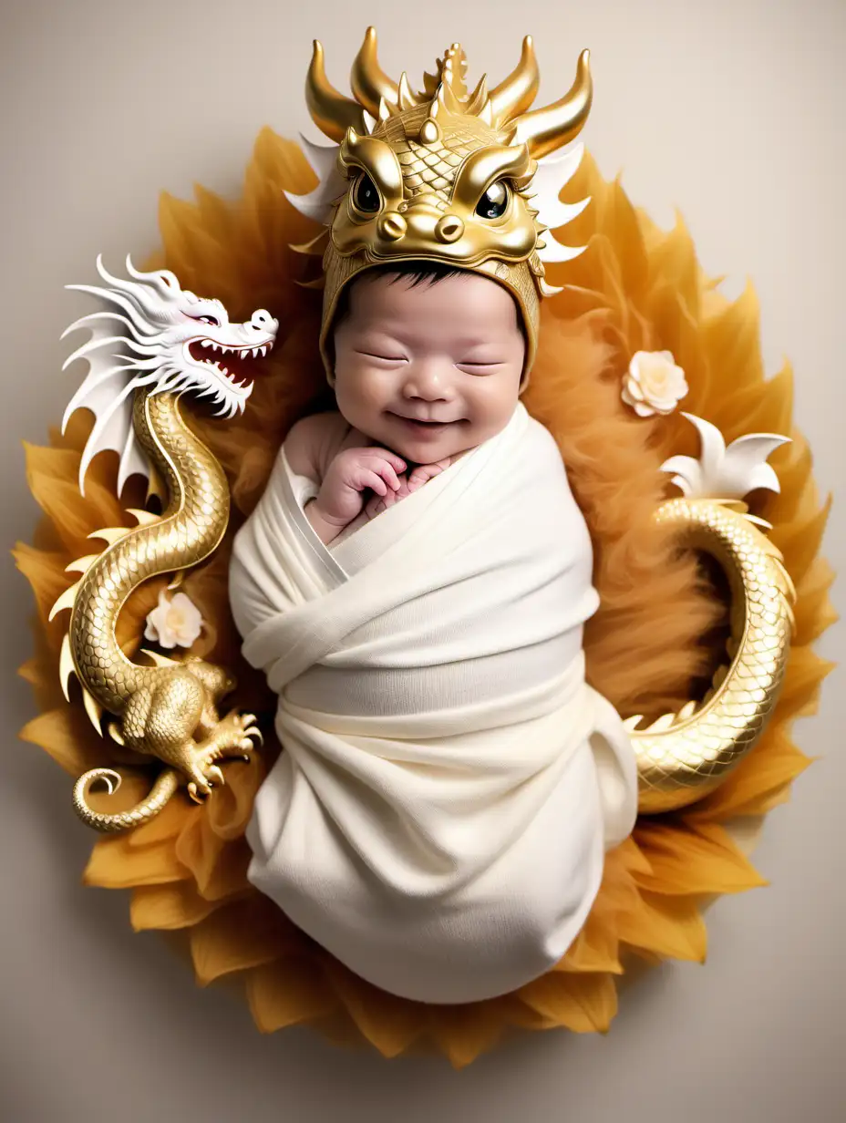 chinese dragon wrapped newborn baby smiling  fantasy background with oriental flowers clouds background and chinese dragon tail clean gold white neutrals boy with dragon hat