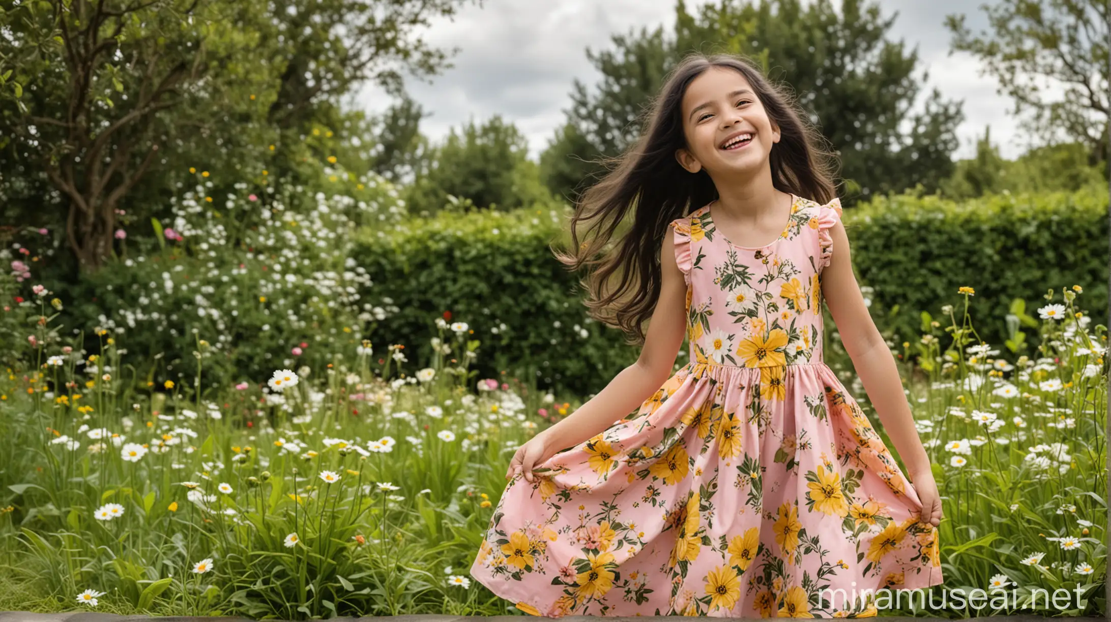 cute looking 9-year-old girl (not wearing glasses or spectacles) wearing nice light-pink coloured frock with yellow and white coloured flowers printed on the frock, with open and long black hair, outside in a garden with green grass and bushes, enjoying the fresh air outside, smiling and laughing happily, with the sky having few clouds and there is nice amount of sunlight, few flowers around her.