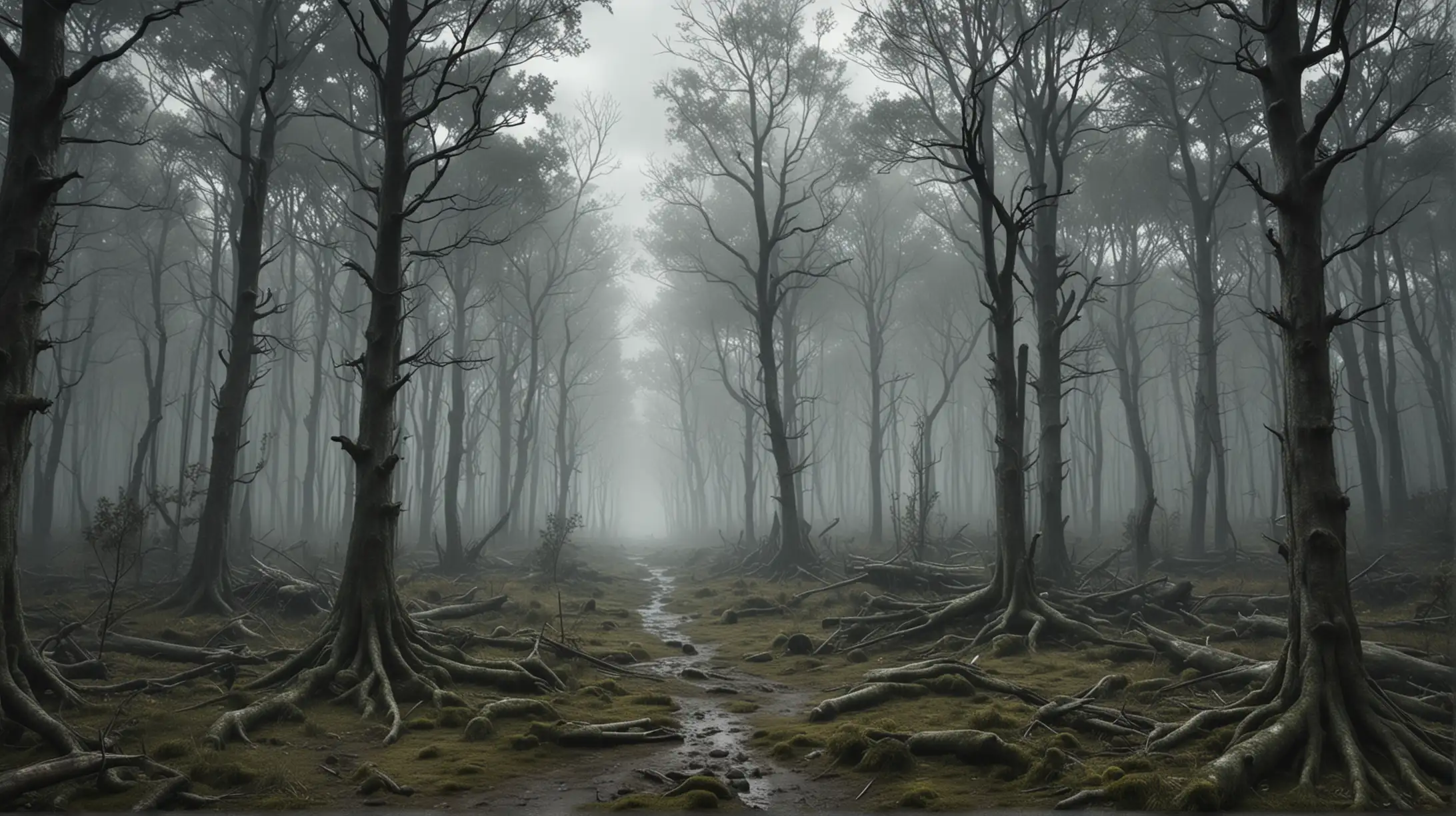 Eerie Forest Landscape HyperRealistic Spooky Scene on a Cloudy Day