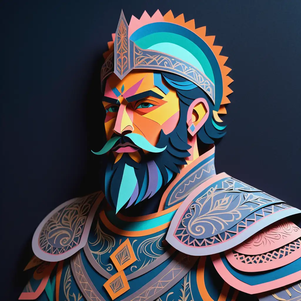portrait of a bearded warrior in India with armor on a dark background, on a dark background night in an expensive coat, paper cutting, color paper, 2d laser cut paper illustration, layered paper, high detail, colored paper, beautiful pastel colors, flat minimalist image cut from paper