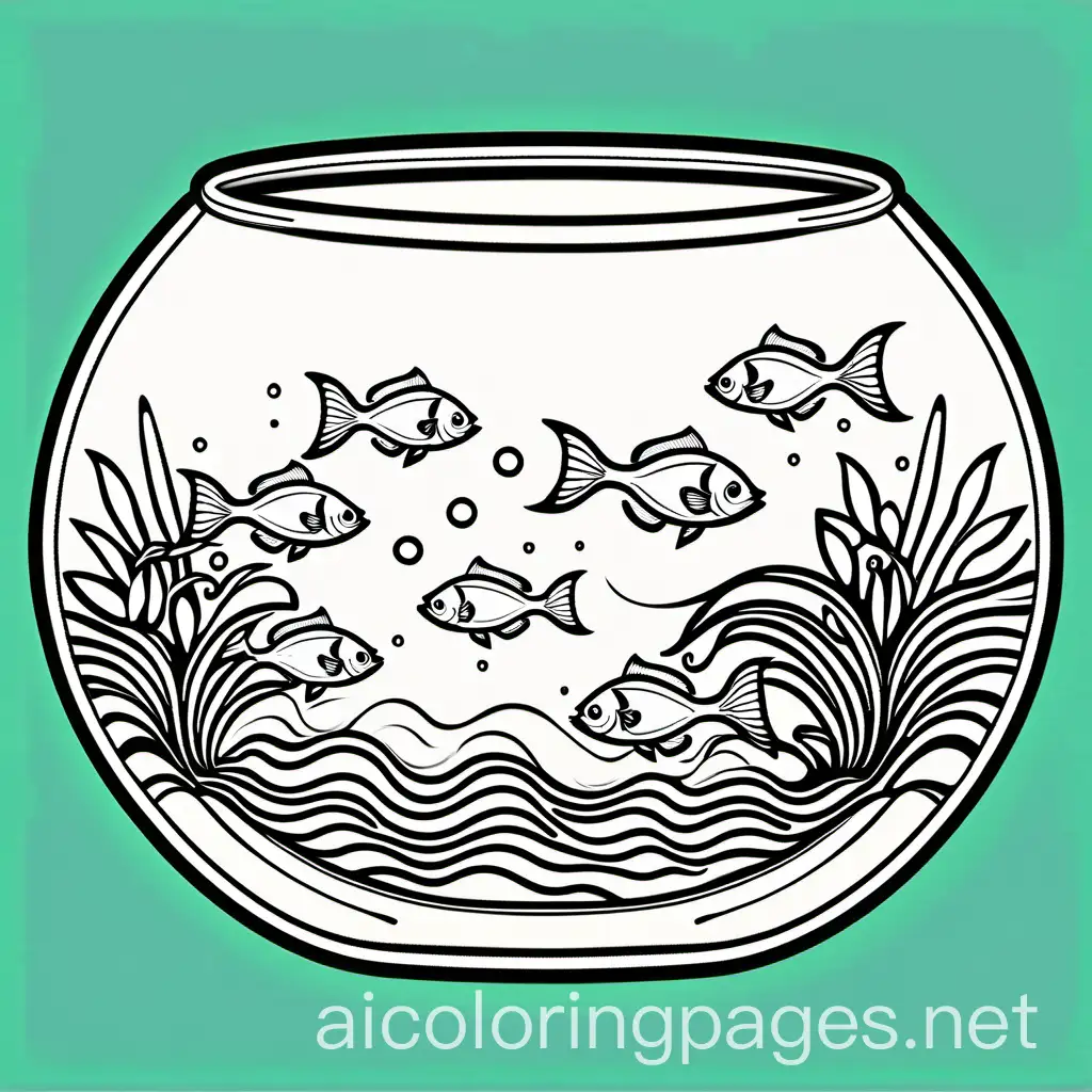 Fishes in a fish bowl line art, Coloring Page, black and white, line art, white background, Simplicity, Ample White Space. The background of the coloring page is plain white to make it easy for young children to color within the lines. The outlines of all the subjects are easy to distinguish, making it simple for kids to color without too much difficulty