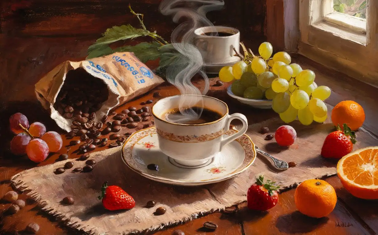 A steaming cup of coffee, a half destroyed bag, and some fruits on the table, in the style of oil painting, rich in light and texture details, harmonious colors, and a warm atmosphere.