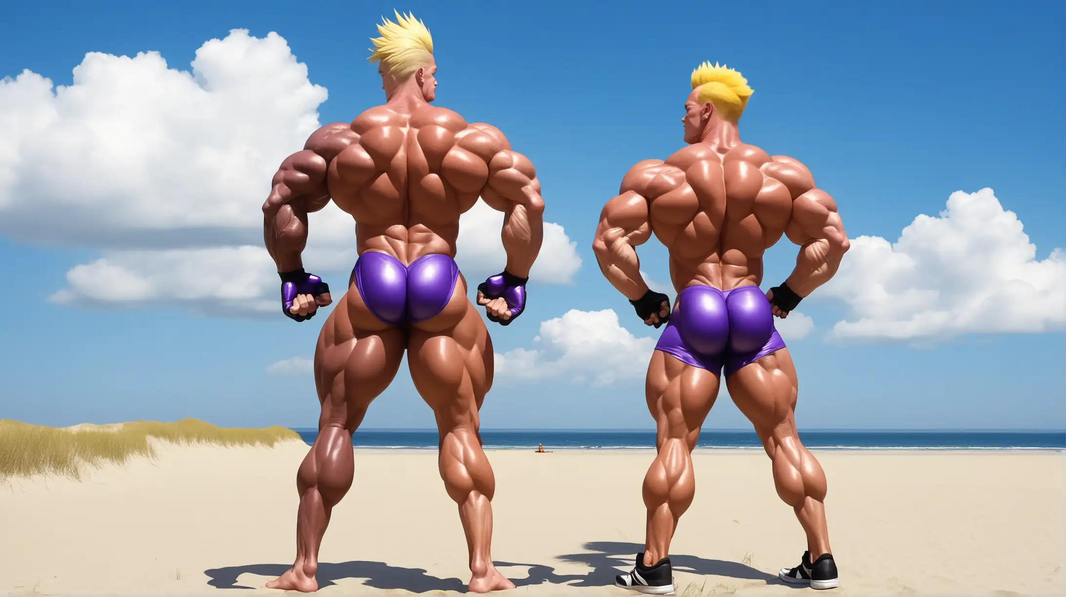 Muscle Beach Showdown Two Bodybuilders Pose in Exaggerated Muscle Display