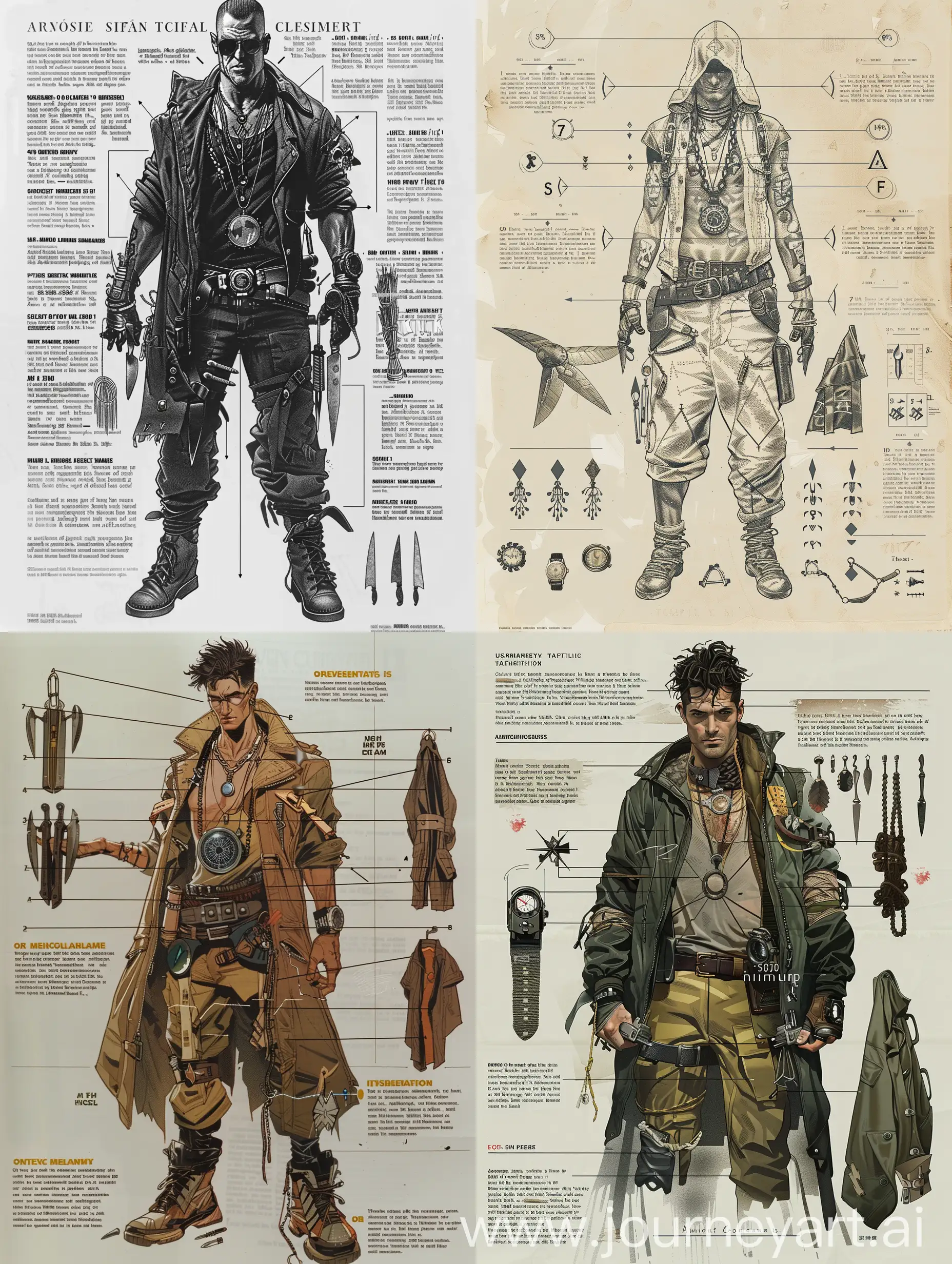 magazine, statistics, lines pointing to clothing and gear, detailed character a modern occultist, a man from America, lots of details, from the nineties, throwing knives on his belt, a watch around his neck, watchmaker