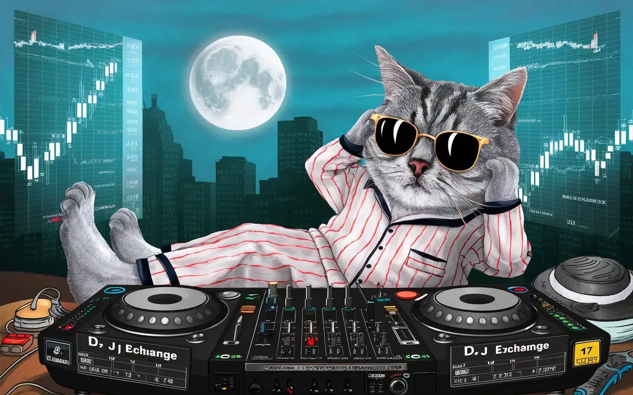 Gray-Striped-Cat-DJ-in-Sunglasses-and-Sleeping-Clothes-Leaving-Trading-Floor