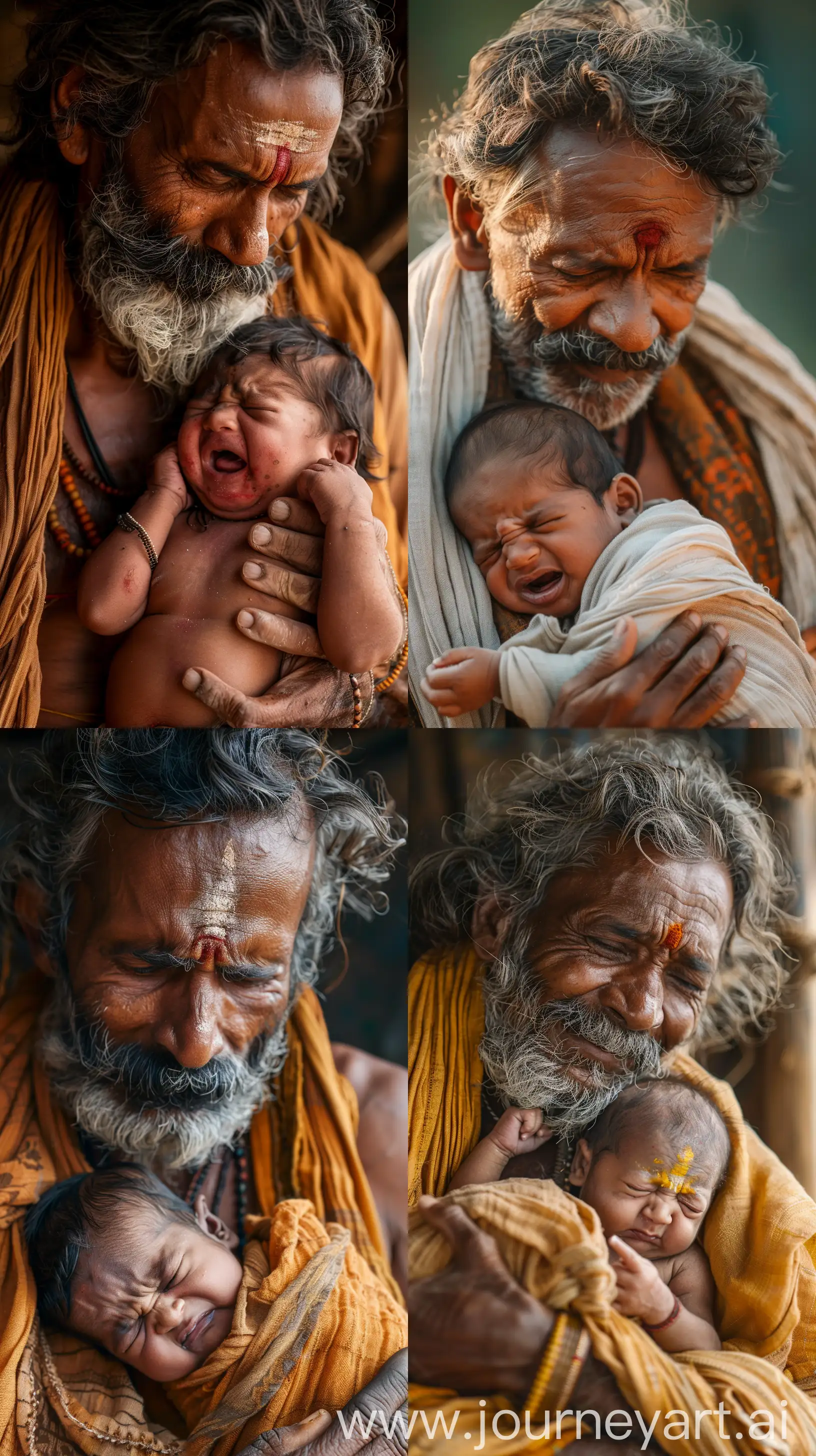 Middle-aged ancient Indian man, tenderly holding a crying newborn baby, close-up, simple rural lifestyle, intricate facial details, high resolution 8k, natural light, emotional depth, serene --s 200 --ar 9:16 --v 6