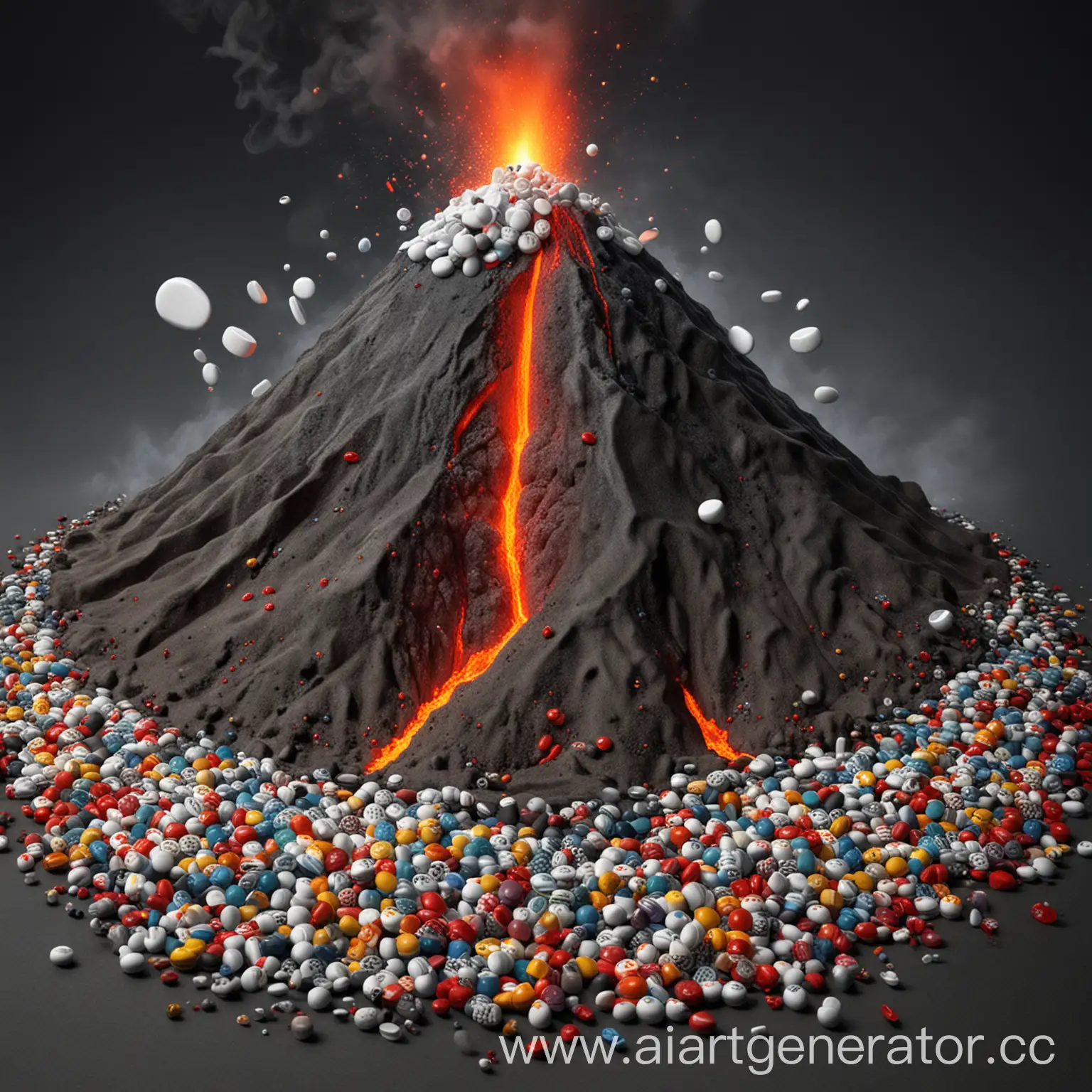 Erupting-Volcano-Surrounded-by-Colorful-Pills