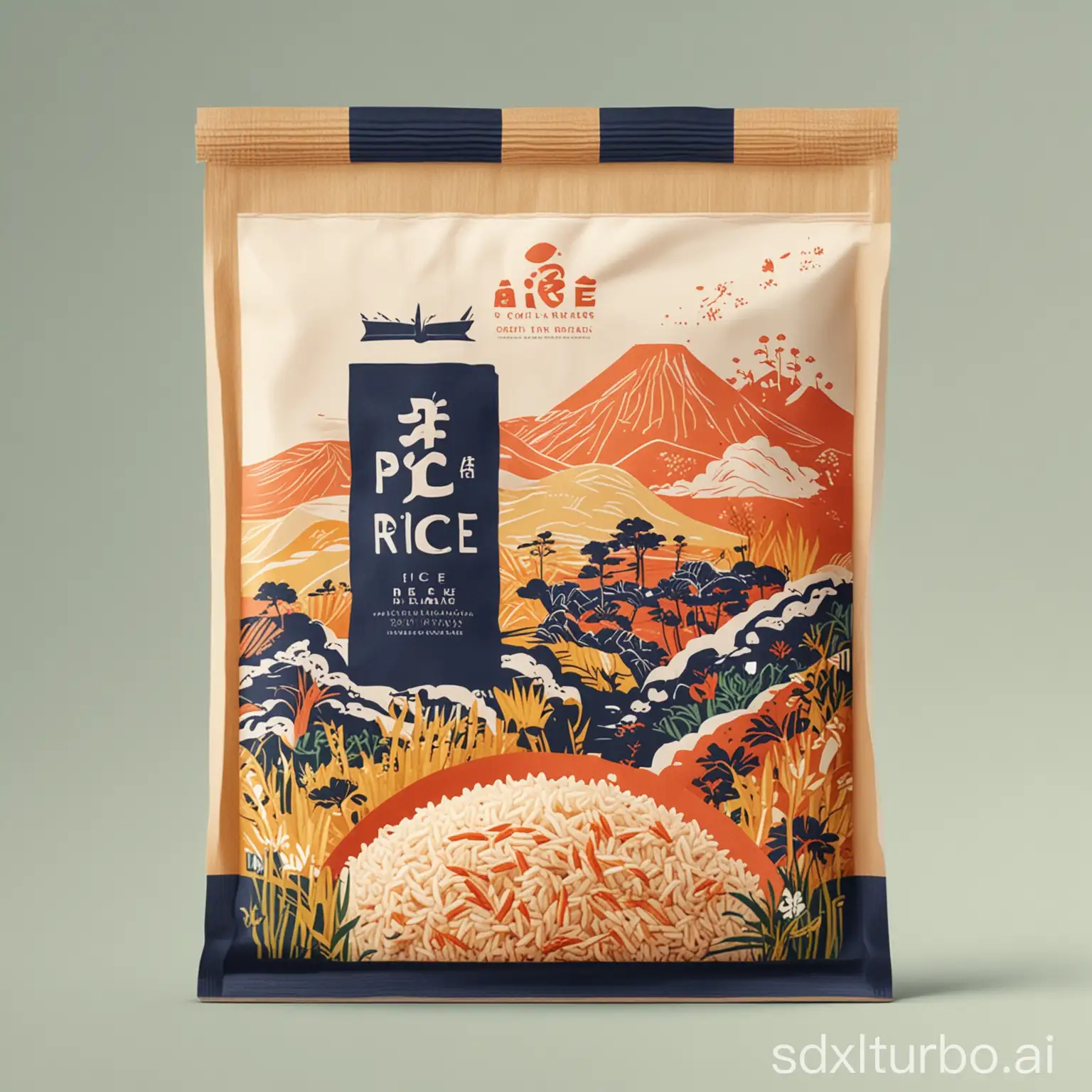 rice packaging design illustration, flat style, modern, vibrant with personality