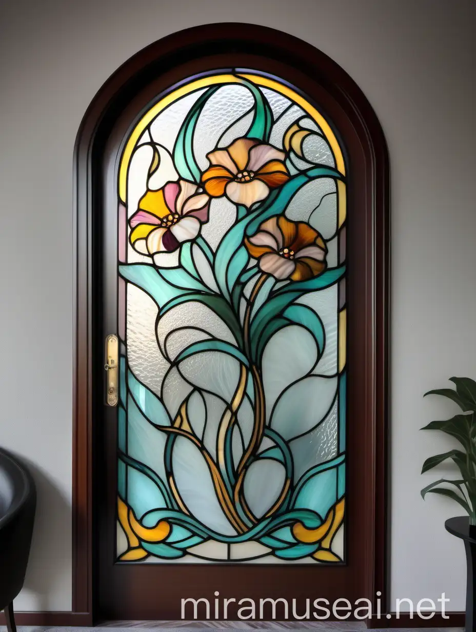 витражная дверь в гостиной комнате абстракгные цветы в стиле ар нуво из цветного стекла тиффани