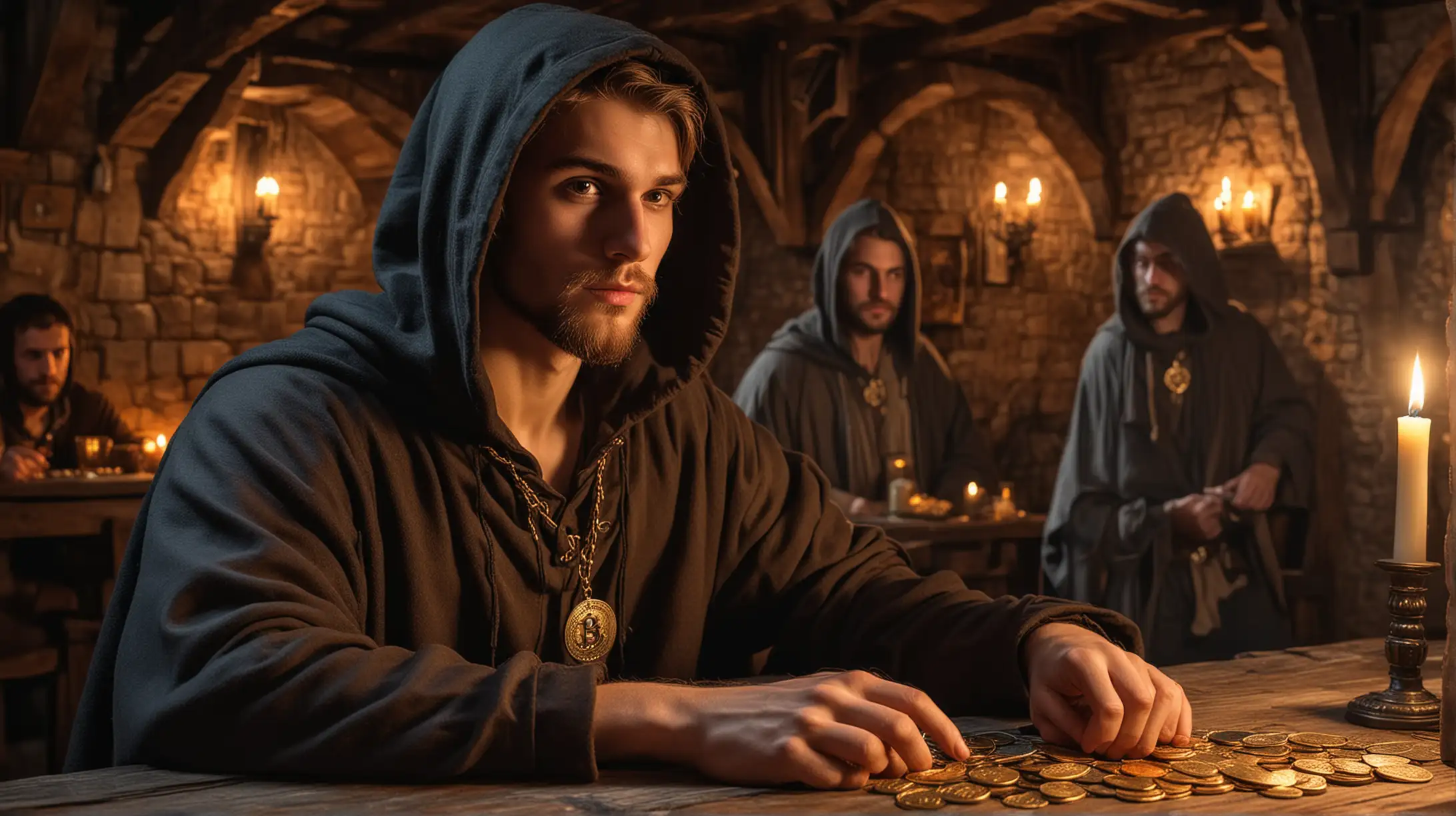 Handsome 22 year old males wearing a hooded cloak in a medieval tavern, bitcoin brothers, muscular chest visible under the open hoodie, betting gold Bitcoins in card games, short beard, mysterious in a detailed fantasy style with bitcoins guldens, golden medals on the open hairy chest visible in the candle light