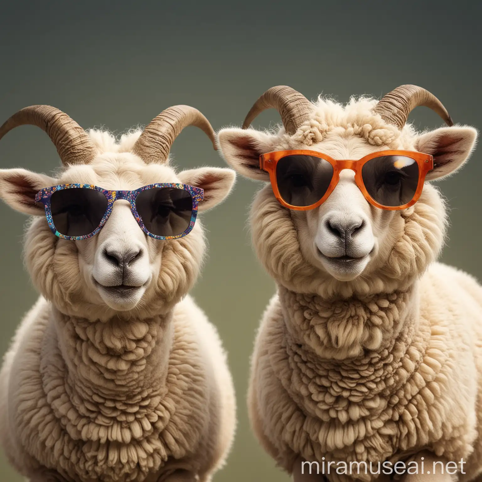 2 Horned Graphic Sheep male and female smiling and wearing sunglasses and feel hot 