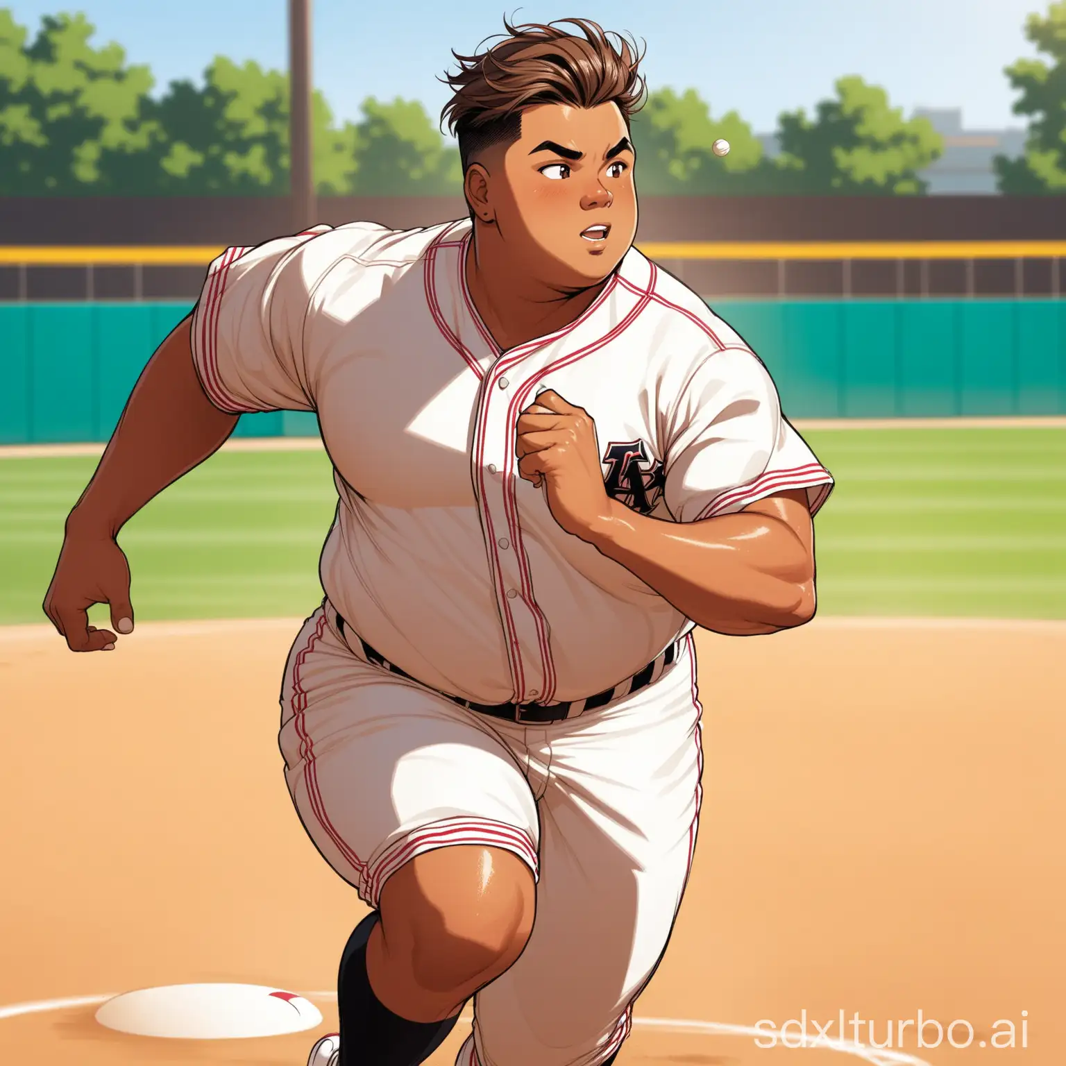 un joven guapo y gordito de piel bronceada y con cabello estilo aesthetic, jugando al beisbol, corriendo