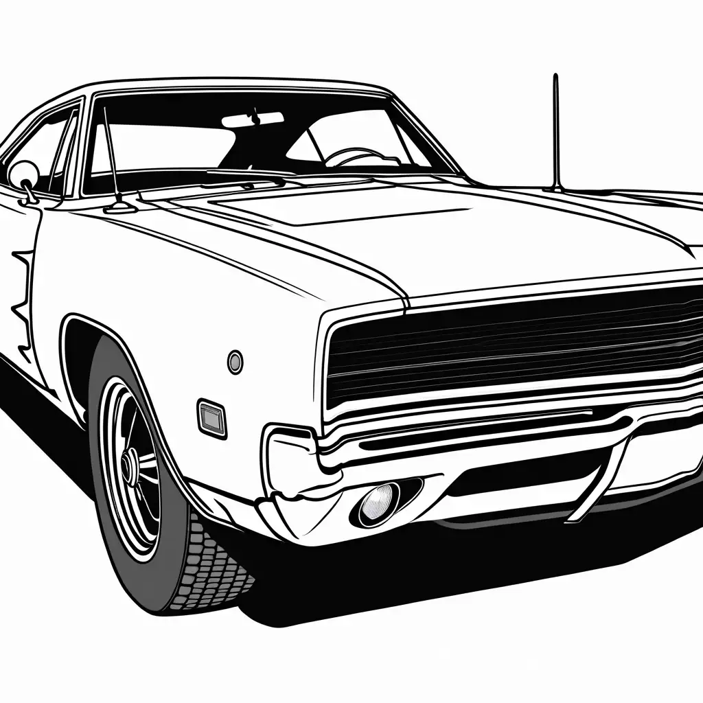 1969 dodge charger, Coloring Page, black and white, line art, white background, Simplicity, Ample White Space. The background of the coloring page is plain white to make it easy for young children to color within the lines. The outlines of all the subjects are easy to distinguish, making it simple for kids to color without too much difficulty
