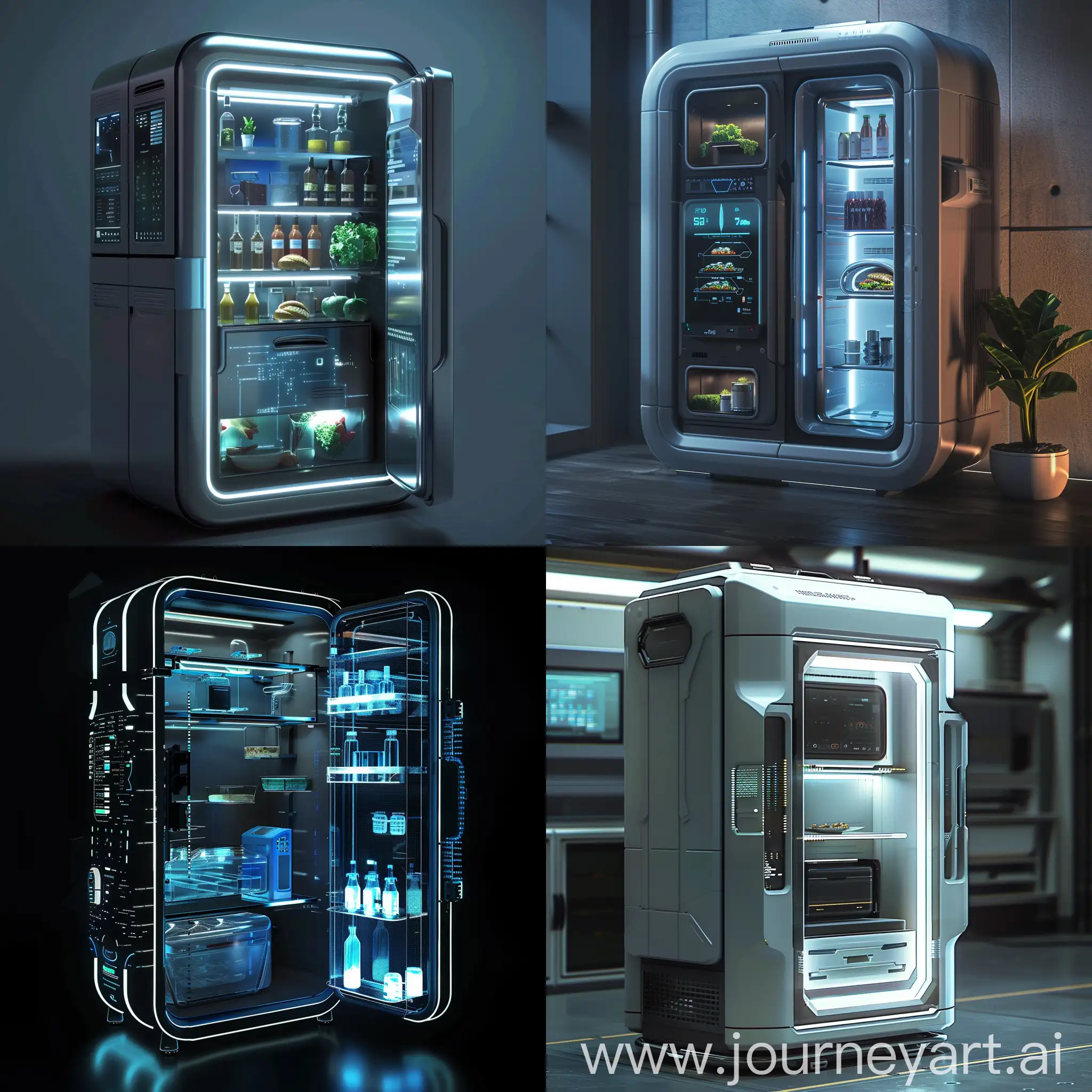 Sci-Fi fridge, Quantum Cooling System, Nano-Refrigerant Circuits, AI-Powered Inventory Management, Holographic Display, Modular Component Shelves, Thermal Electric Backup, Integrated Food Printer, OLED Touchscreen Panels, Wireless Power Supply, Smart Grid Compatibility, Sleek Aluminized Body, Transparent OLED Doors, Ambient Light Projection, Retractable Work Surfaces, Customizable Skins, Biometric Access Control, Voice and Gesture Recognition, Solar Panel Top, Magnetic Levitation Base, Interactive Projector System, In Unreal Engine 5 Style --stylize 1000