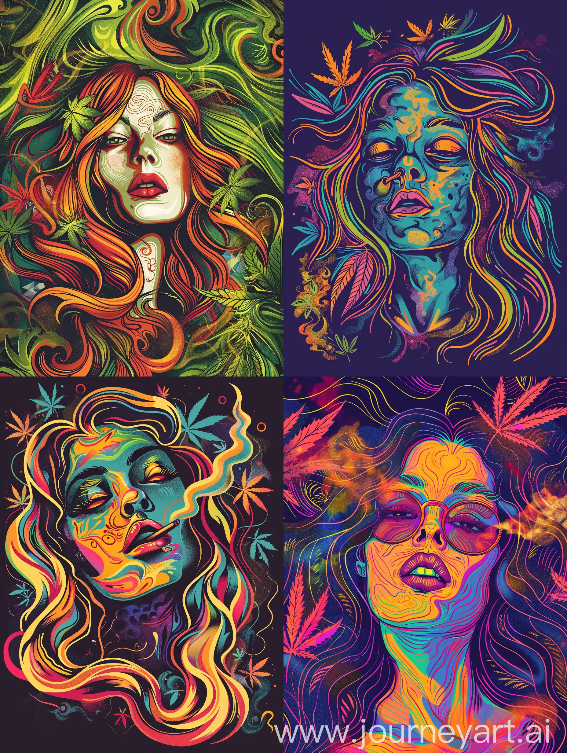a vibrant and artistic graphic design for a t-shirt featuring a bohemian-style girl smoking herb. She should have a relaxed and carefree vibe, with flowing hair and expressive eyes. The background should be a mix of psychedelic and nature-inspired elements, with bold colors and swirling patterns that evoke a sense of creativity and freedom. Incorporate subtle cannabis leaves into the design to emphasize the theme. The overall style should be a blend of surrealism and modern street art.
