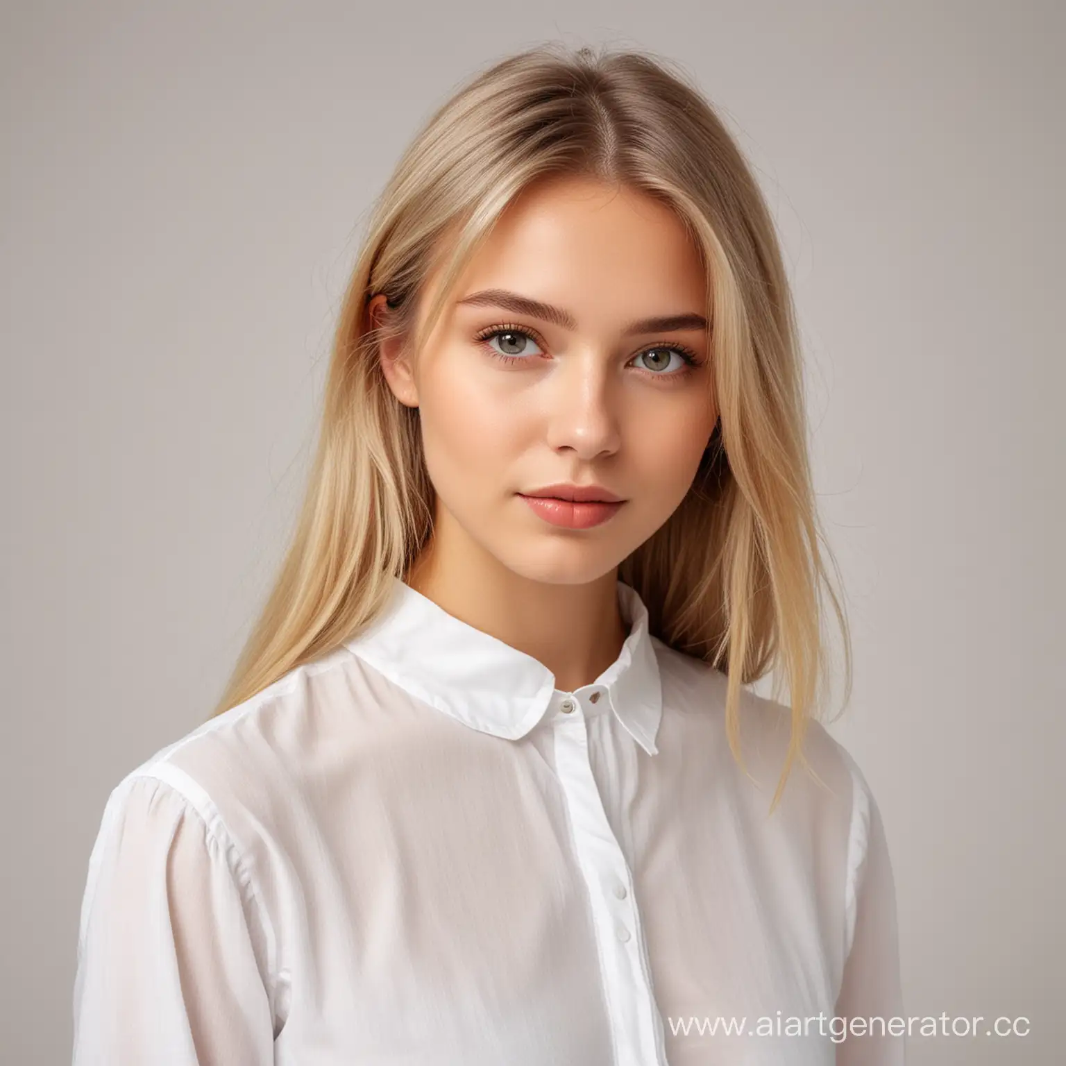 Young-Woman-in-White-Blouse-with-Straight-Light-Hair-on-Bright-Background