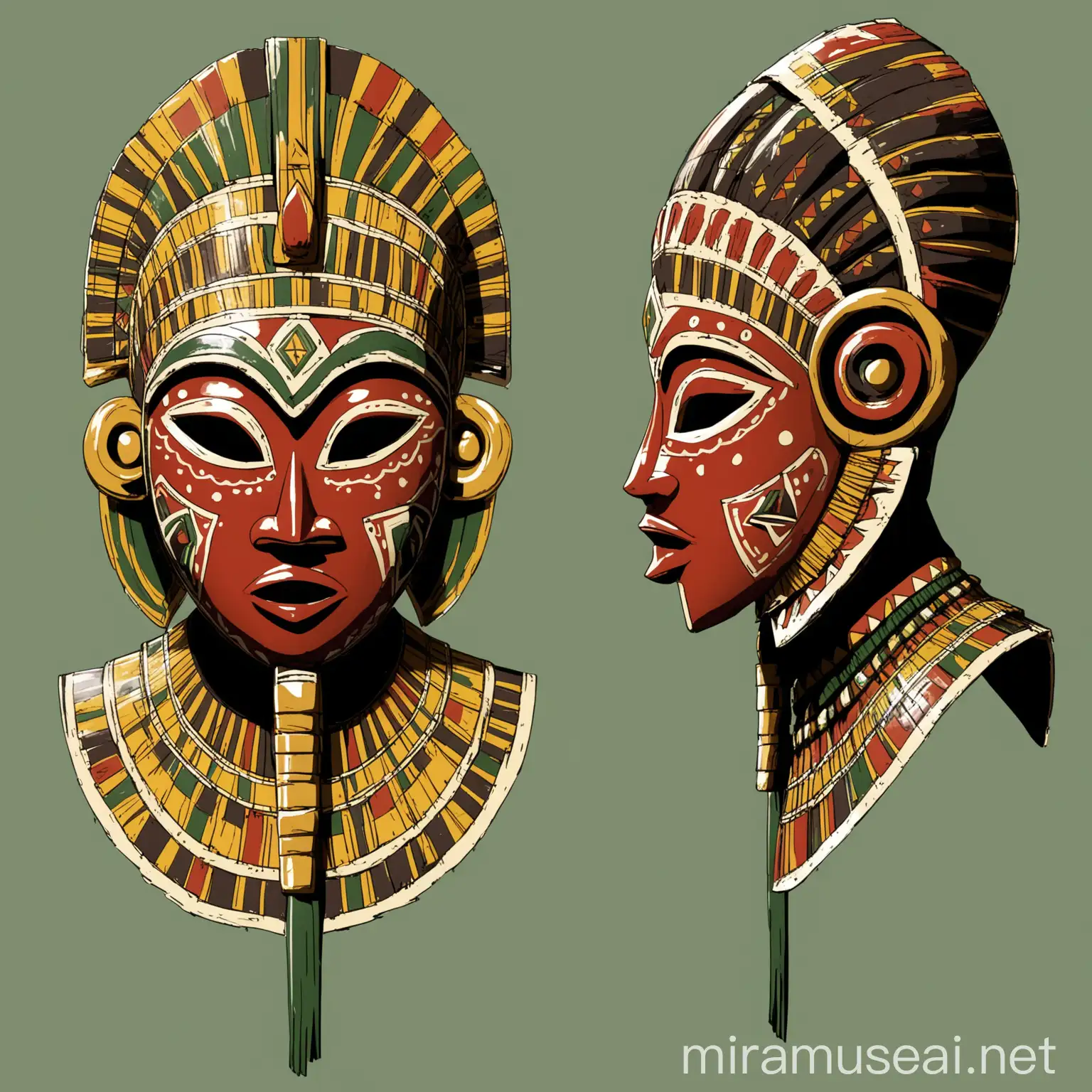 Traditional African Mask Rendered in Orthographic 2D Views