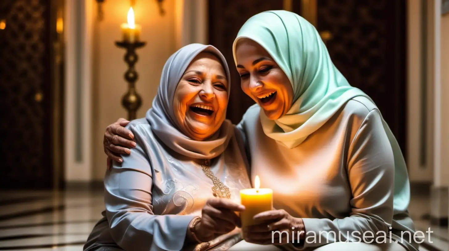 a  78 years old woman with hijab holding a candle with her ,her fat mature  47   years old daughter is there she is happy and shaming , both are sitting on knees in a luxurious palace