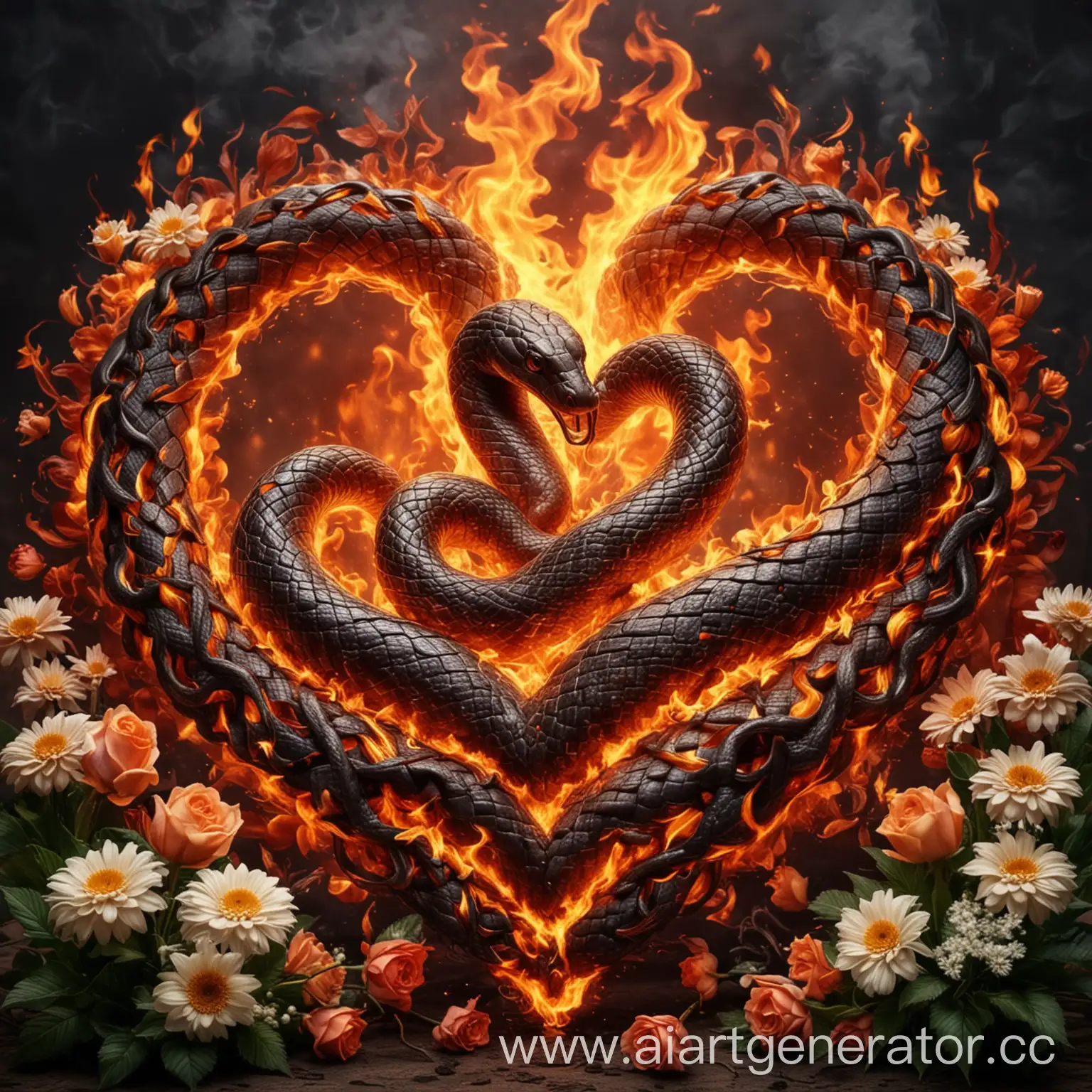 Flaming-HeartShaped-Snake-Surrounded-by-Blooming-Flowers