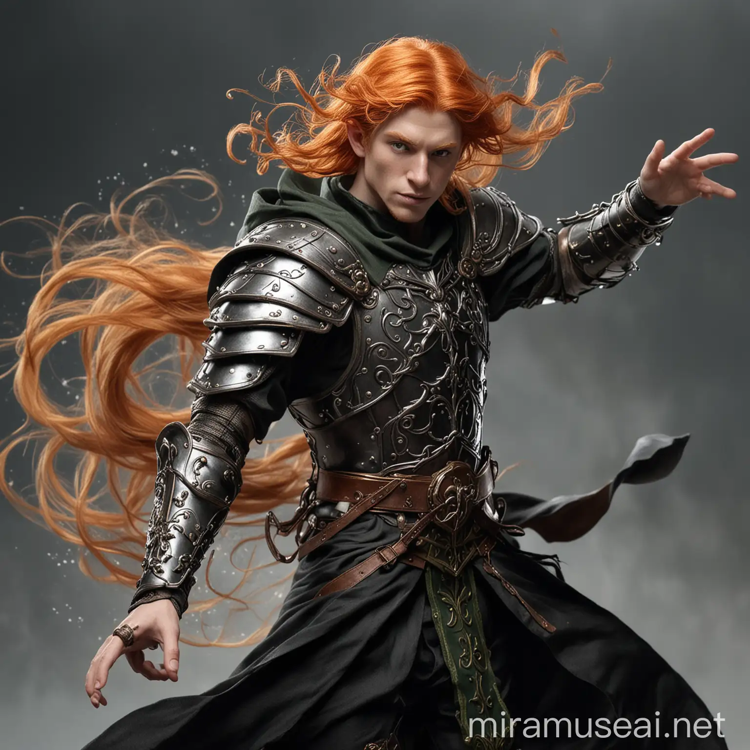 fantasy elf man wizard, ginger hair, plate armour, swirling black winds